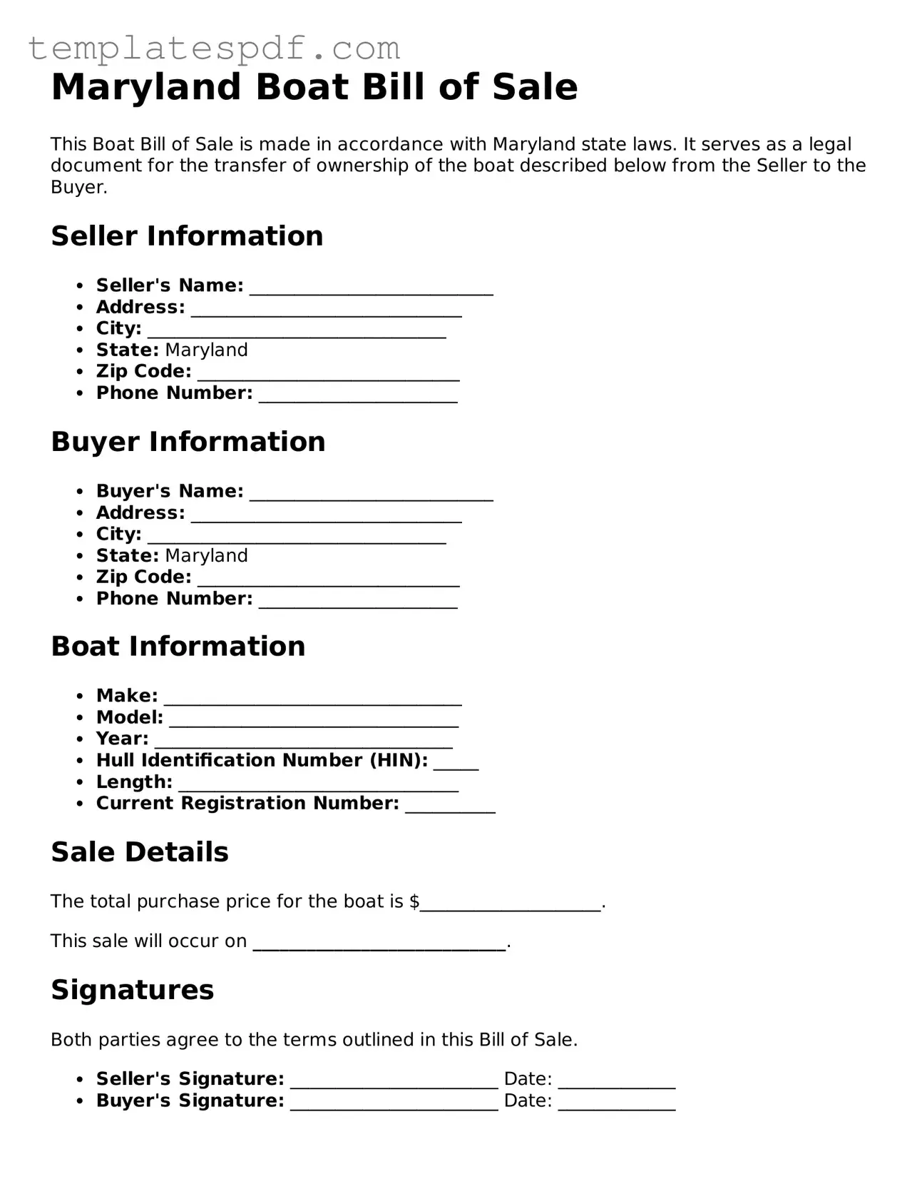 Official  Boat Bill of Sale Form for Maryland