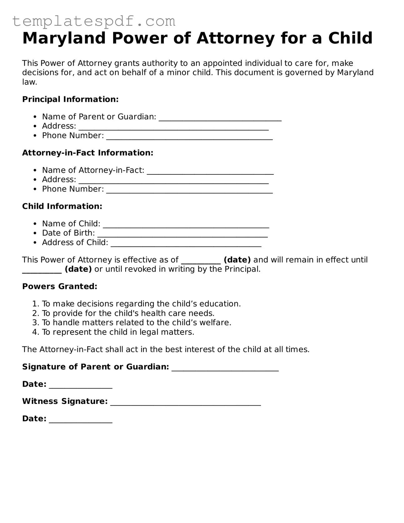 Official  Power of Attorney for a Child Form for Maryland