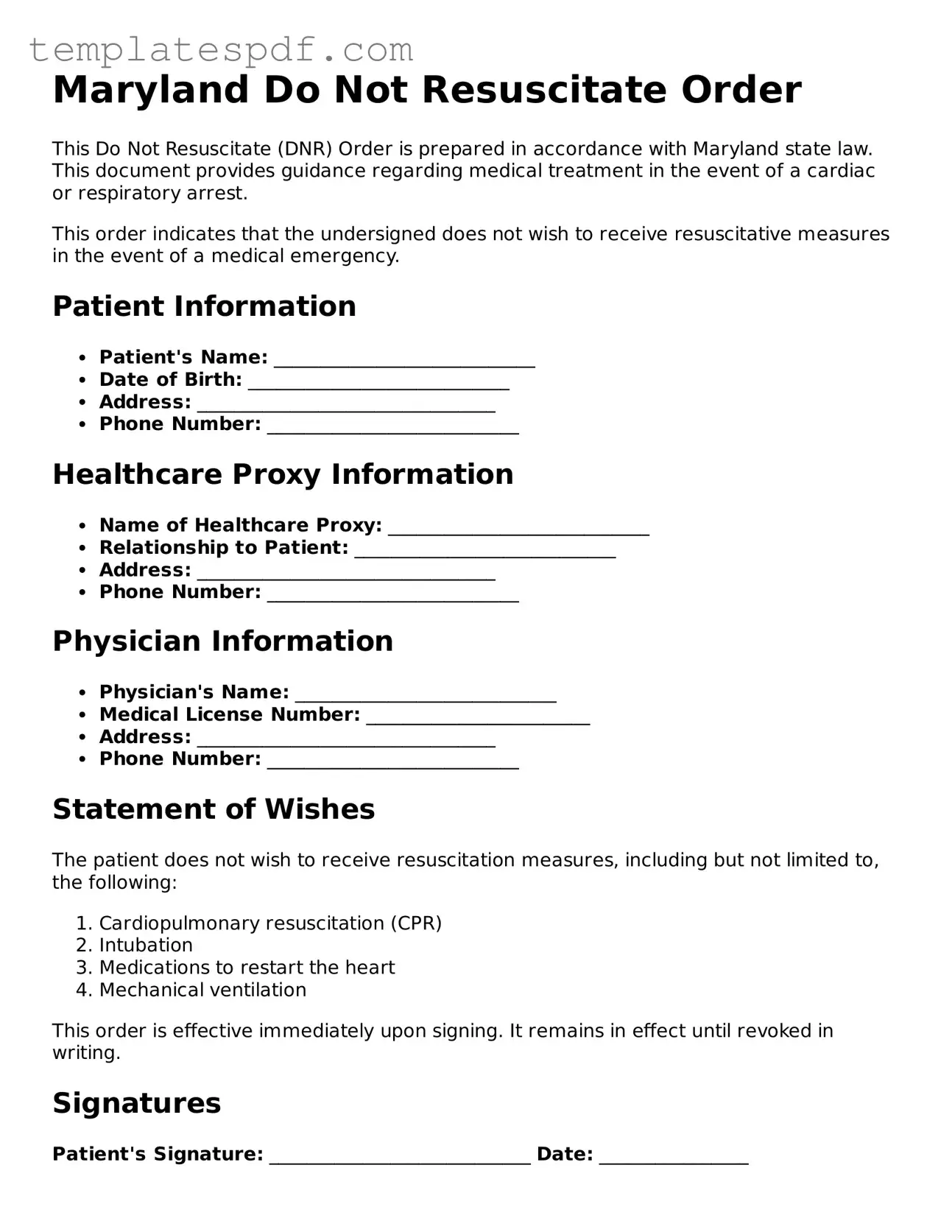 Official  Do Not Resuscitate Order Form for Maryland