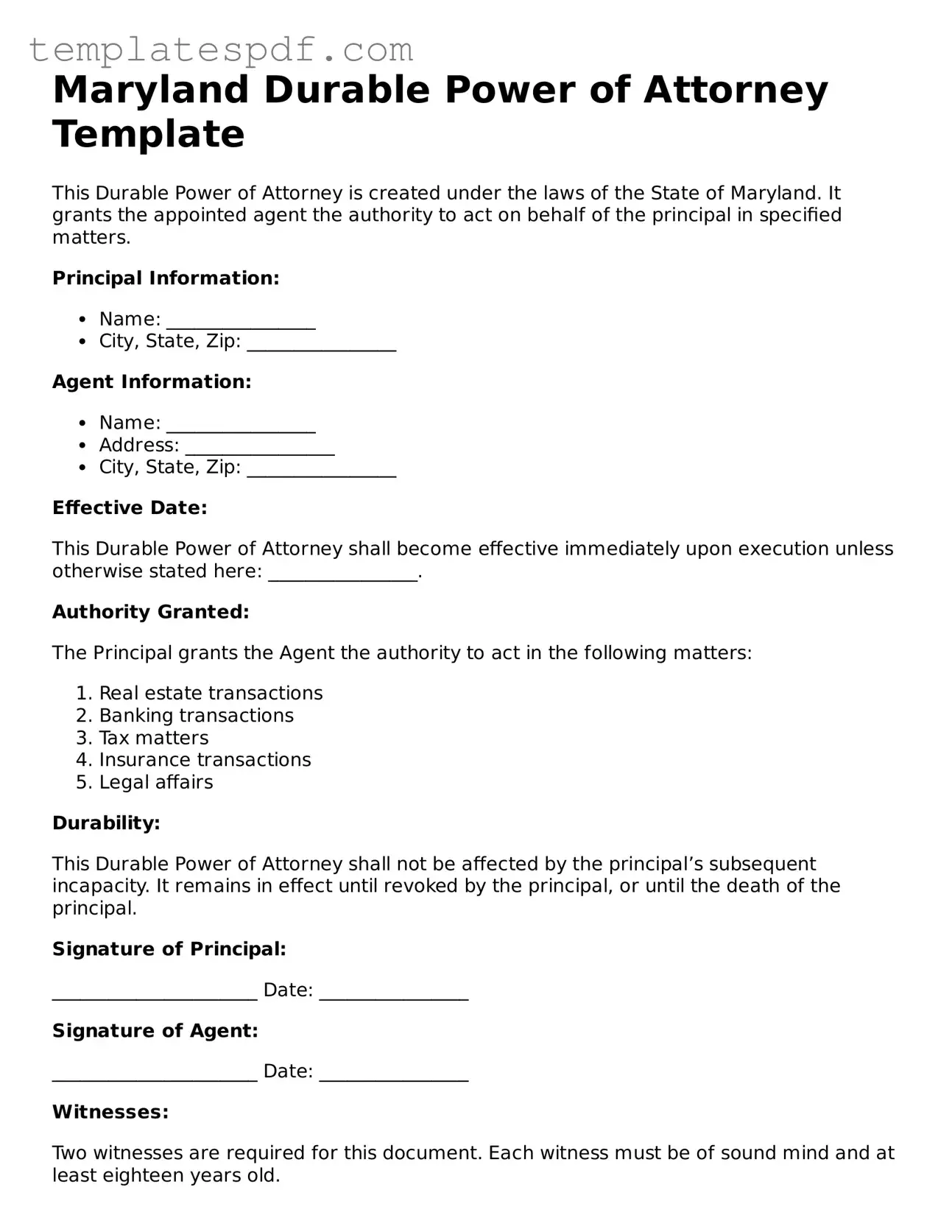 Official  Durable Power of Attorney Form for Maryland
