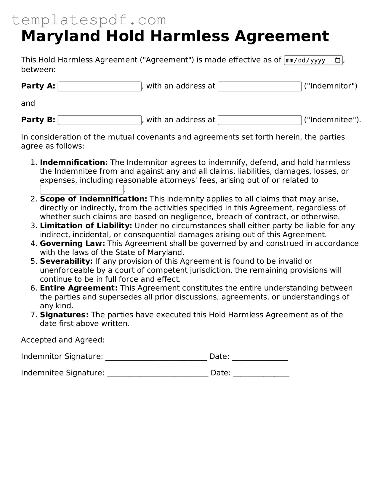 Official  Hold Harmless Agreement Form for Maryland
