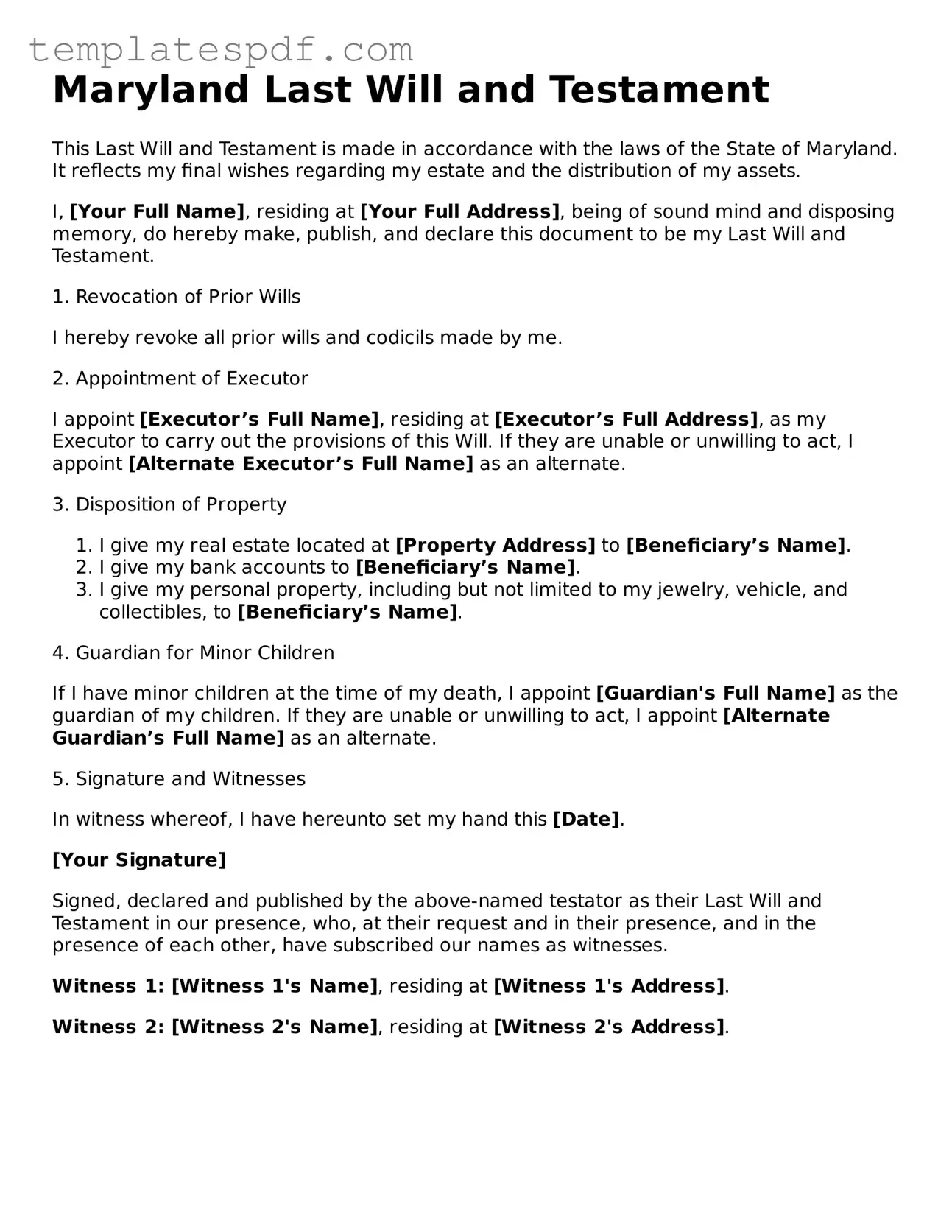 Official  Last Will and Testament Form for Maryland