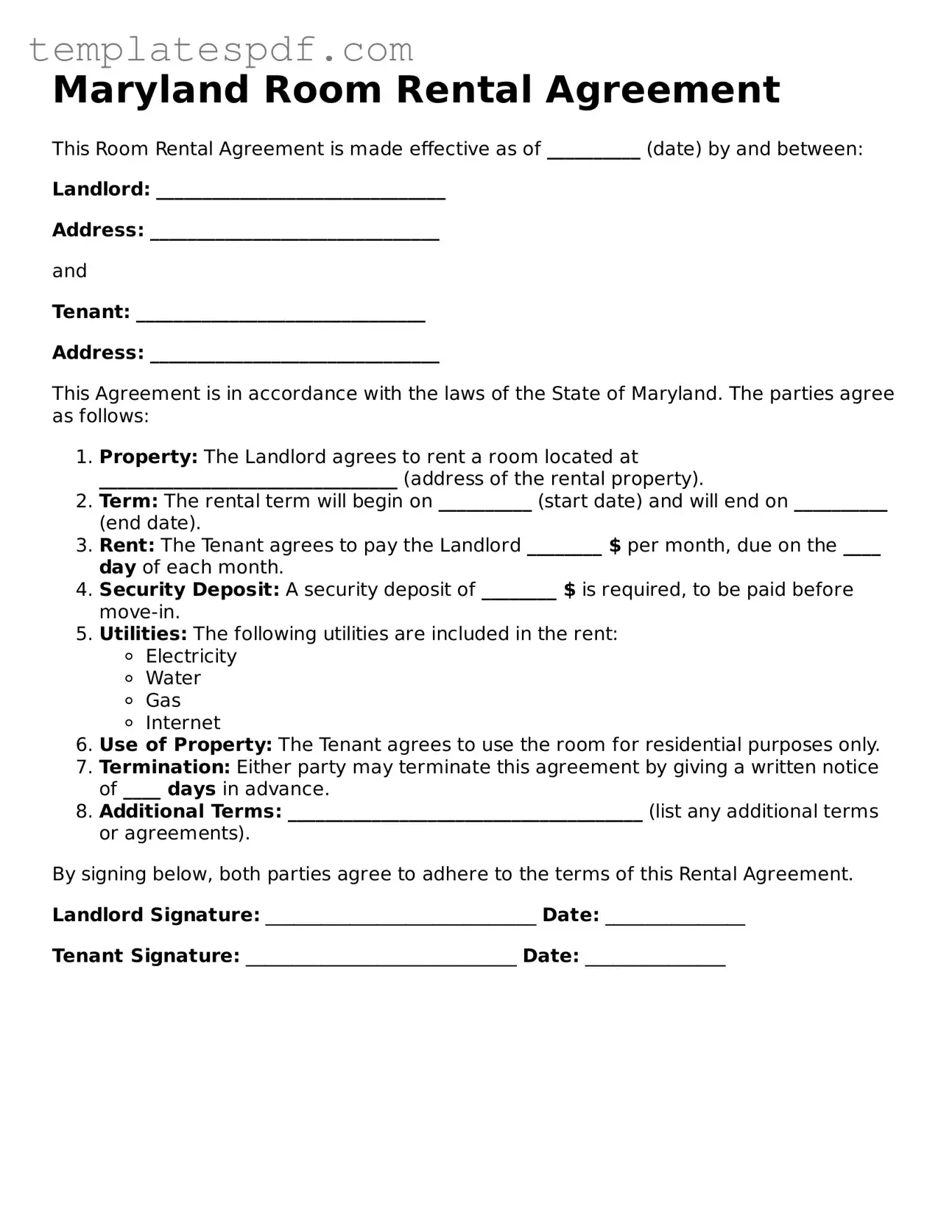 Official  Room Rental Agreement Form for Maryland