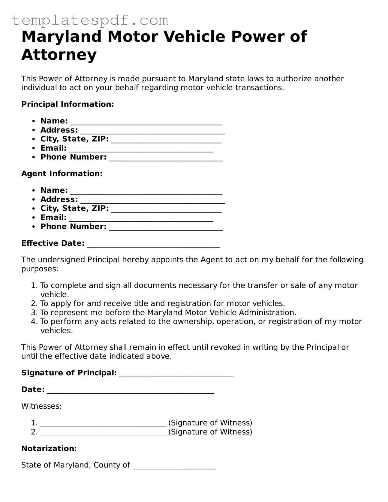 Official  Motor Vehicle Power of Attorney Form for Maryland