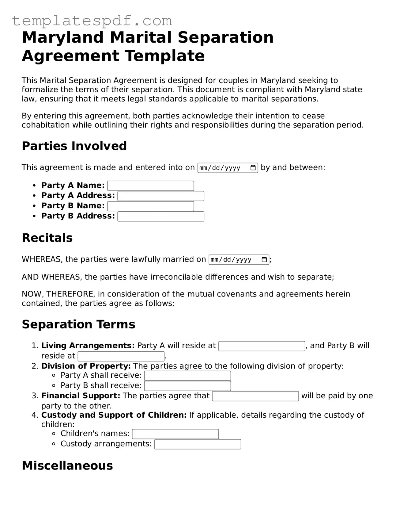 Official  Marital Separation Agreement Form for Maryland