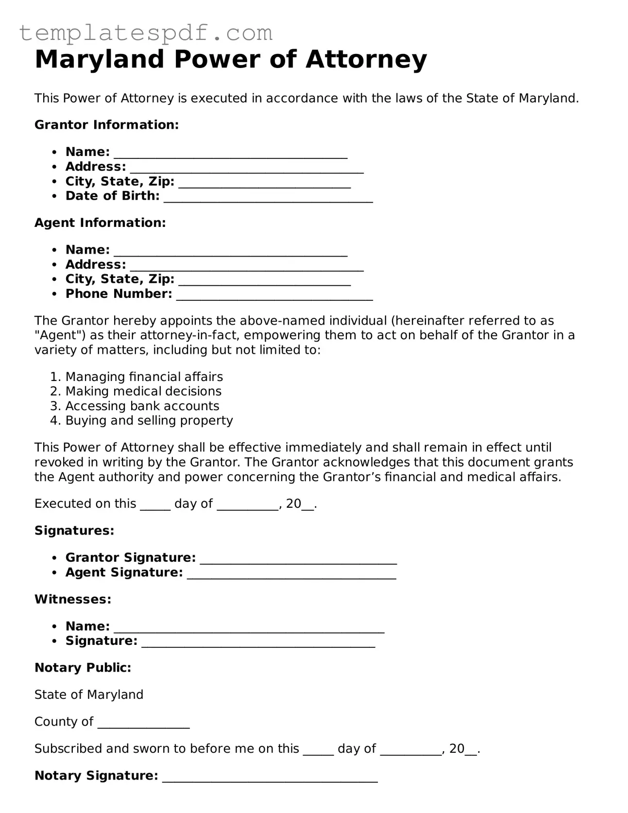 Official  Power of Attorney Form for Maryland