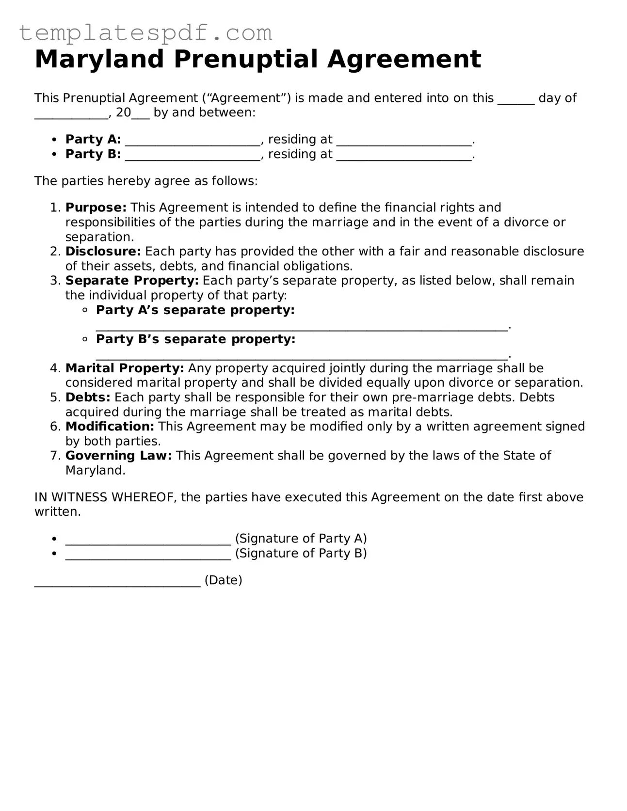 Official  Prenuptial Agreement Form for Maryland