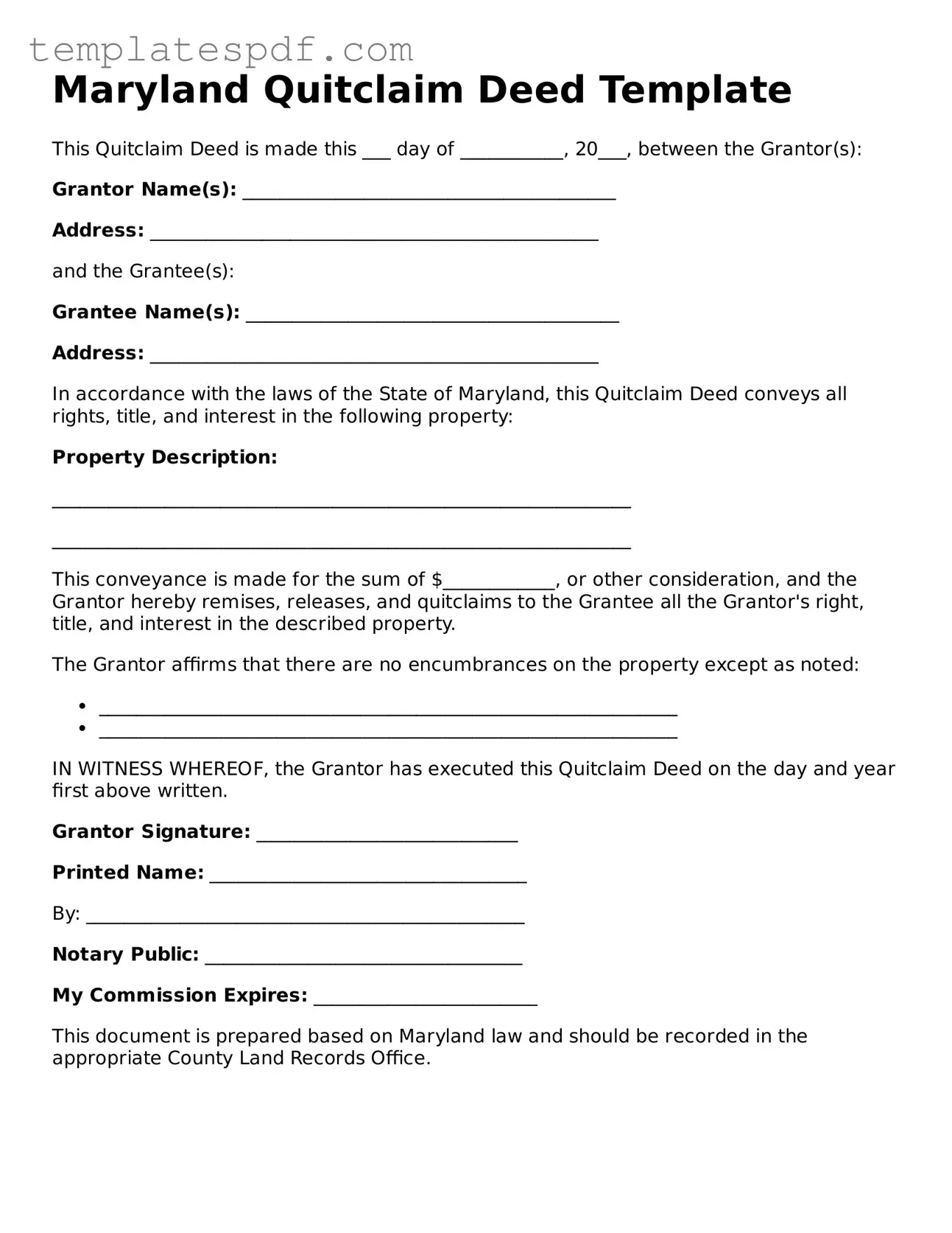 Official  Quitclaim Deed Form for Maryland