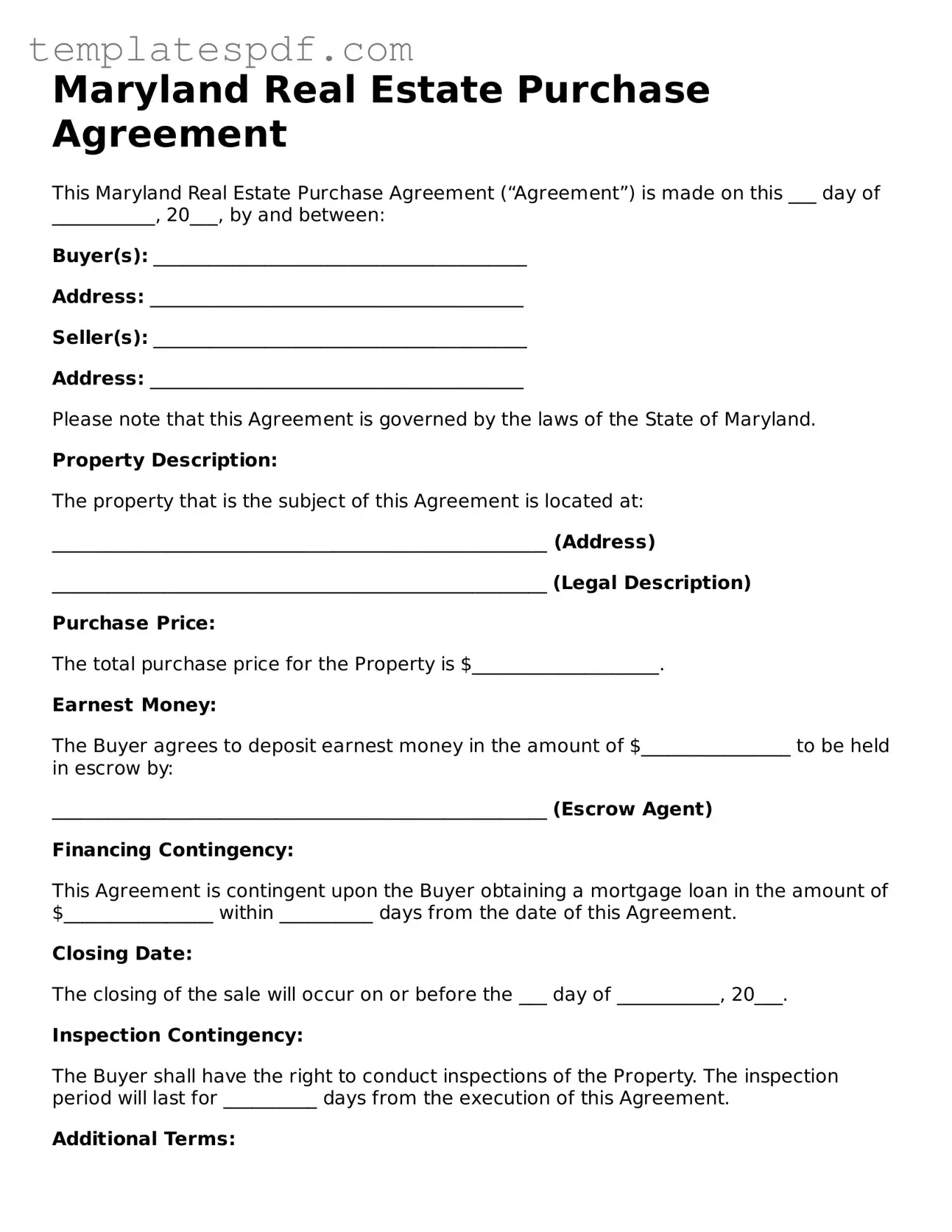 Official  Real Estate Purchase Agreement Form for Maryland