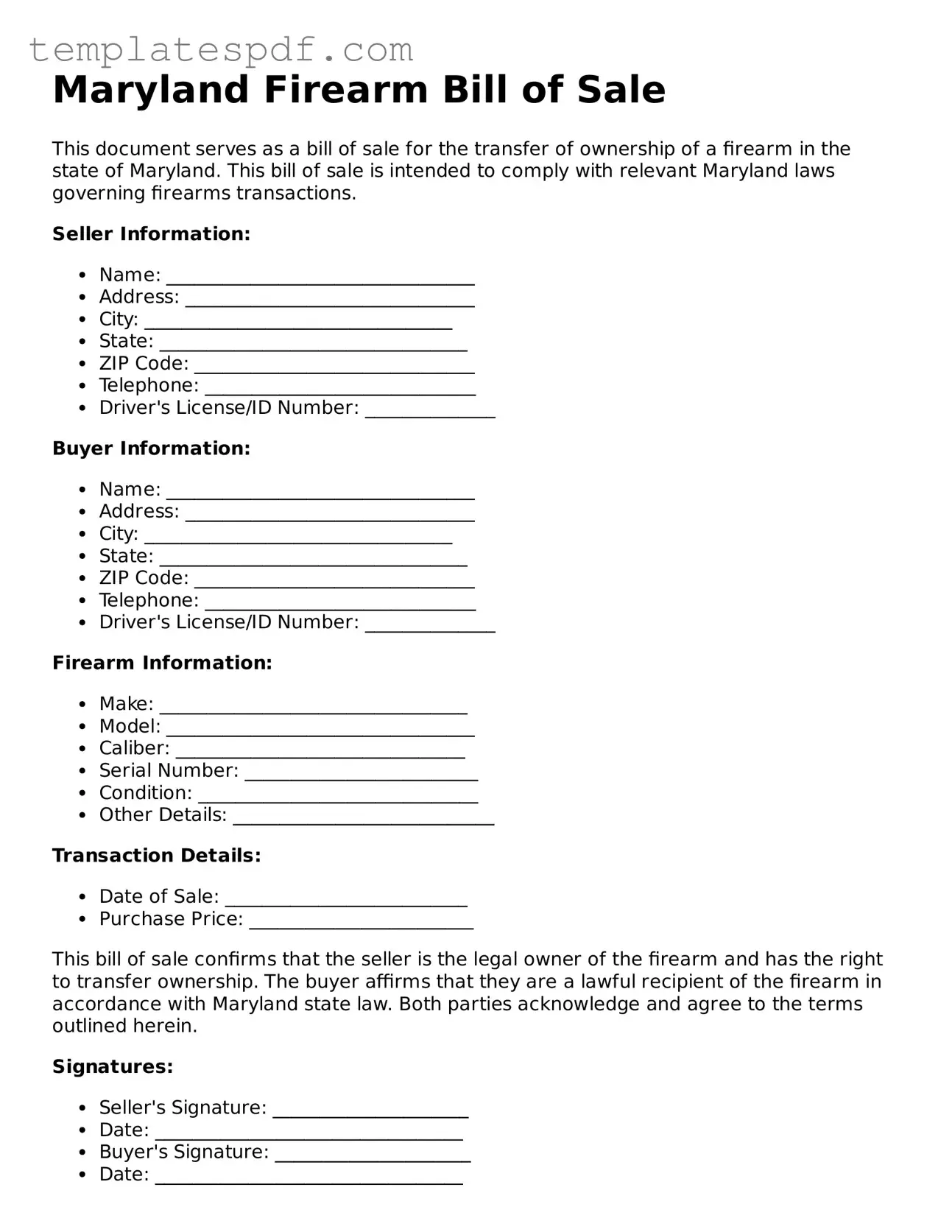 Official  Firearm Bill of Sale Form for Maryland