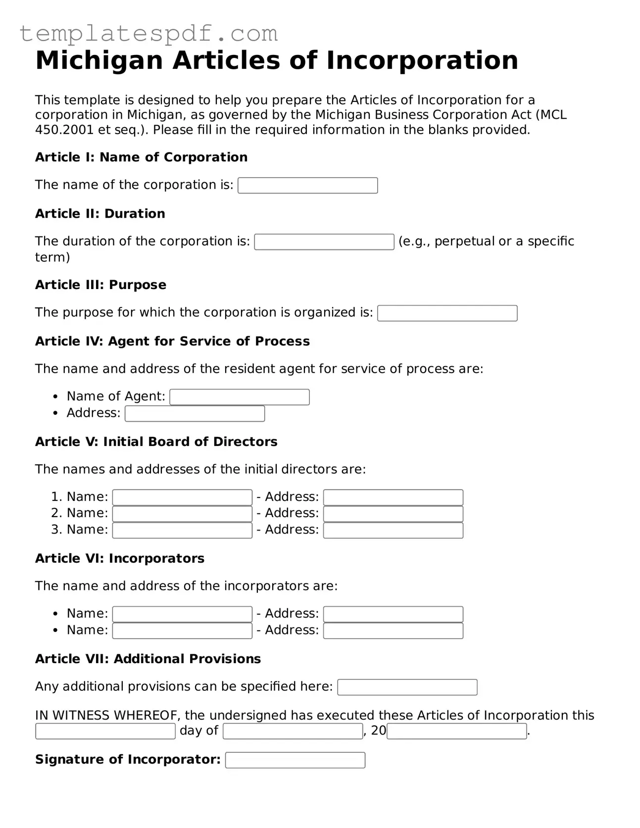 Official  Articles of Incorporation Form for Michigan