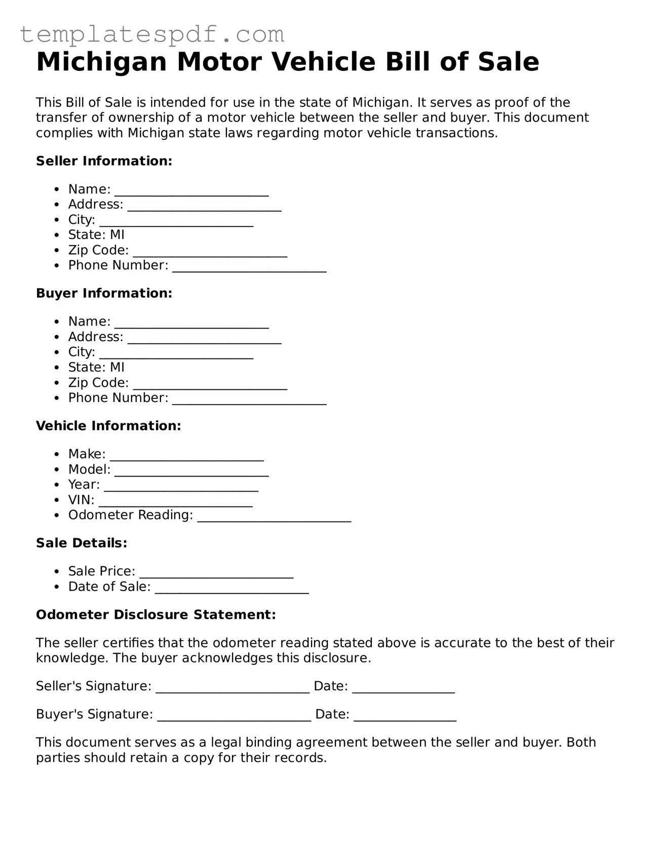 Official  Motor Vehicle Bill of Sale Form for Michigan