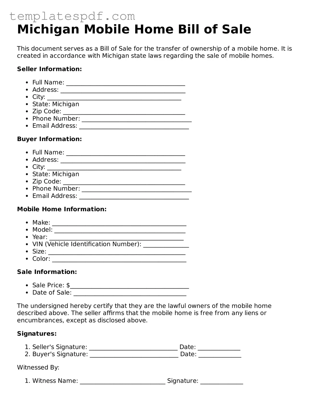 Official  Mobile Home Bill of Sale Form for Michigan