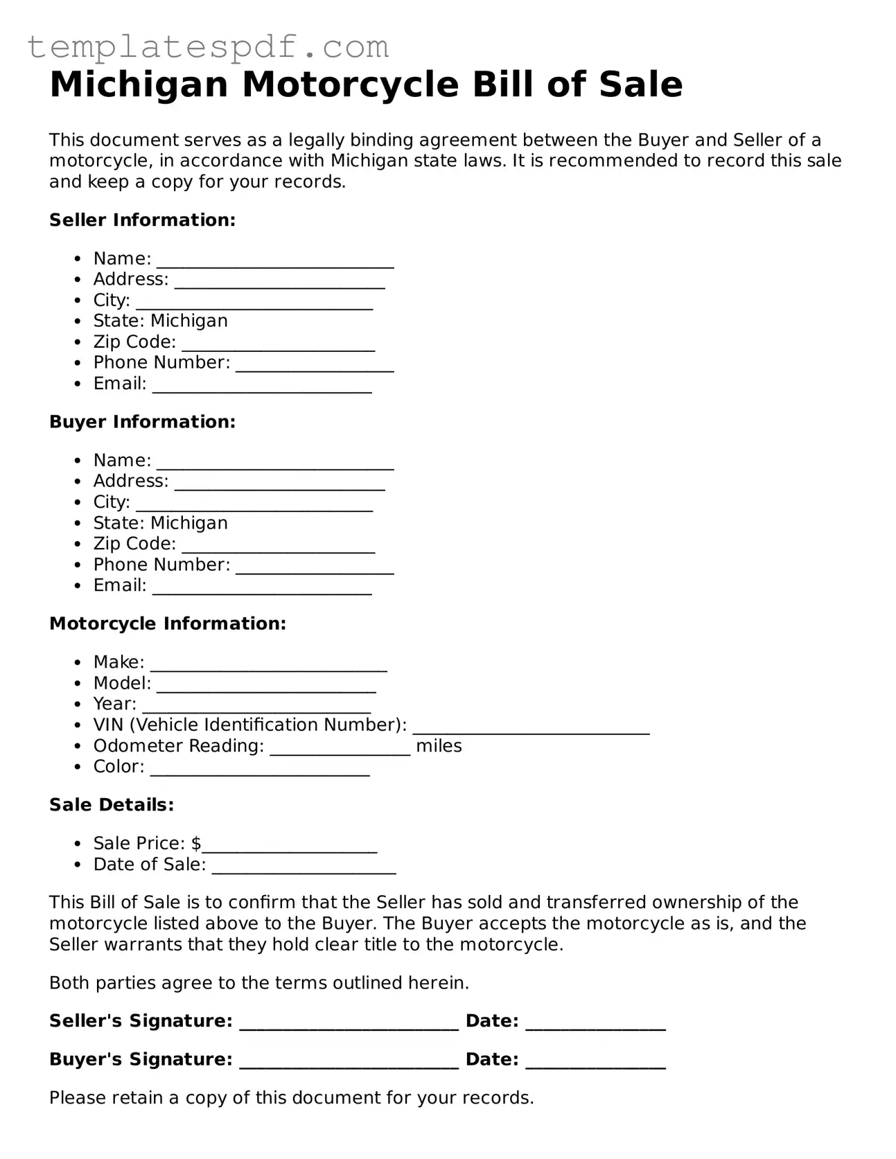 Official  Motorcycle Bill of Sale Form for Michigan