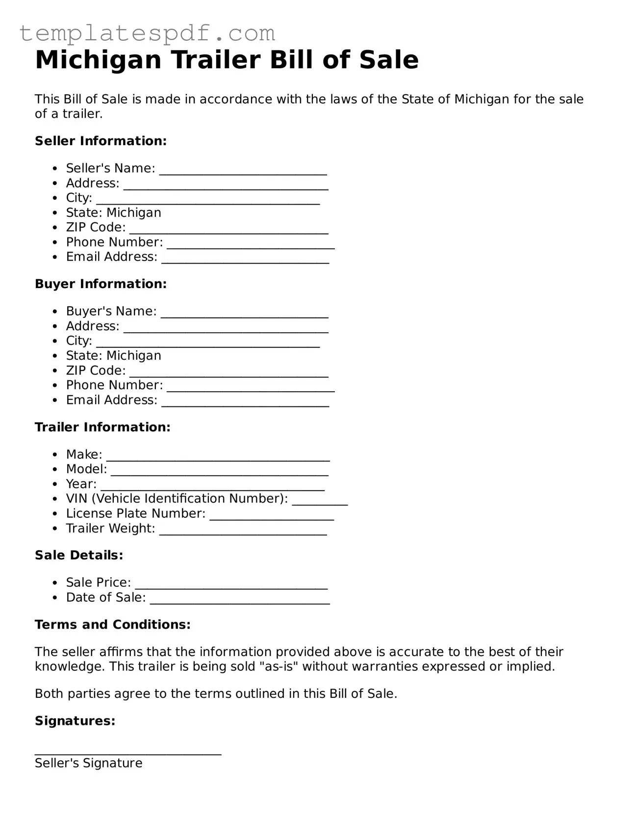 Official  Trailer Bill of Sale Form for Michigan