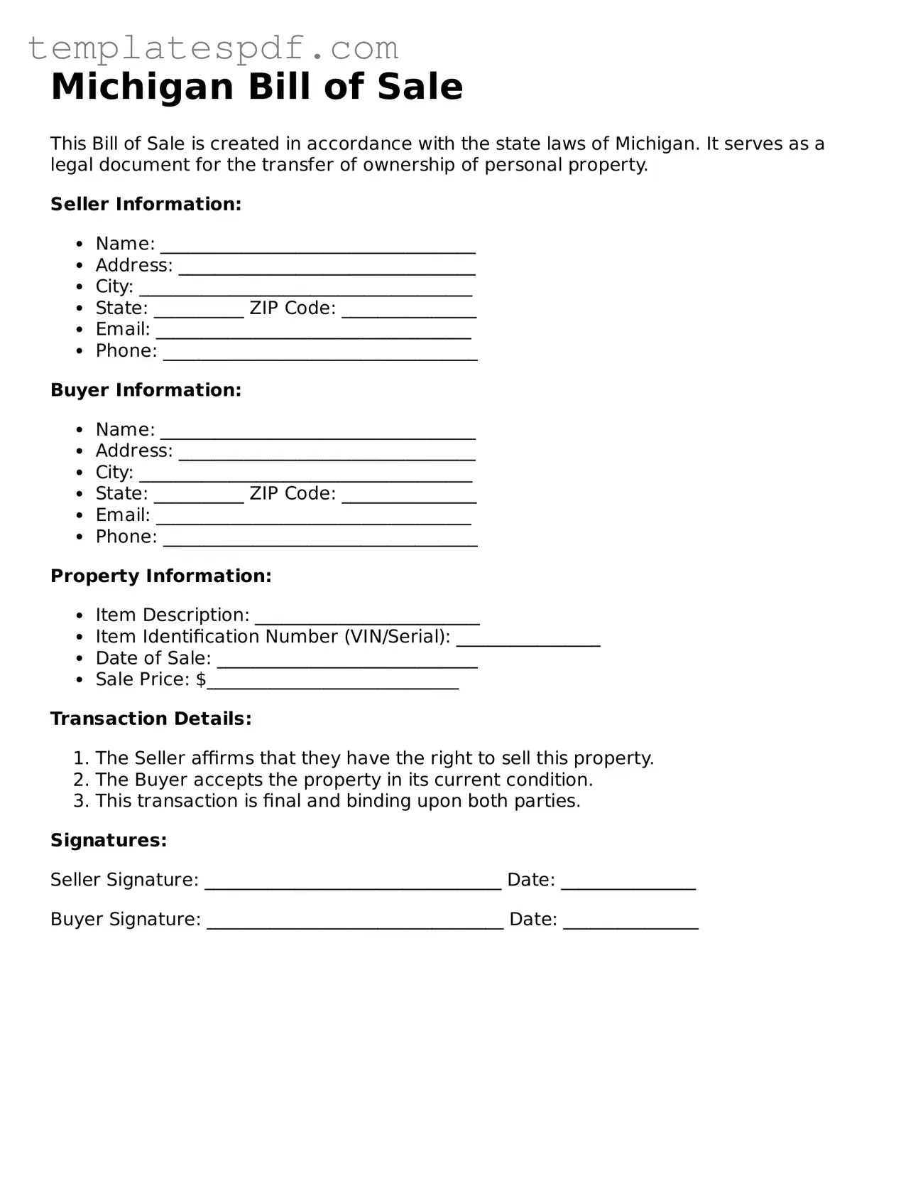 Official  Bill of Sale Form for Michigan