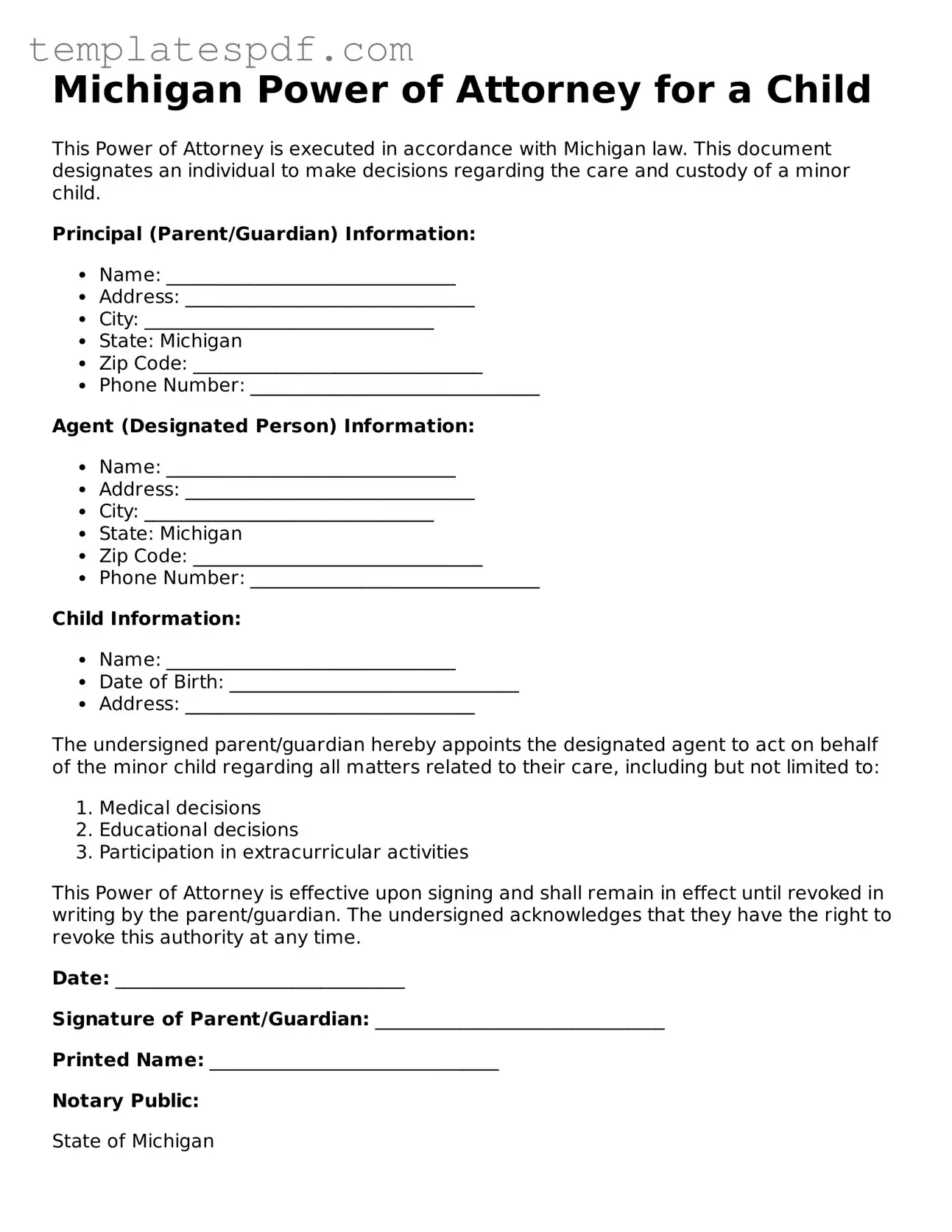 Official  Power of Attorney for a Child Form for Michigan
