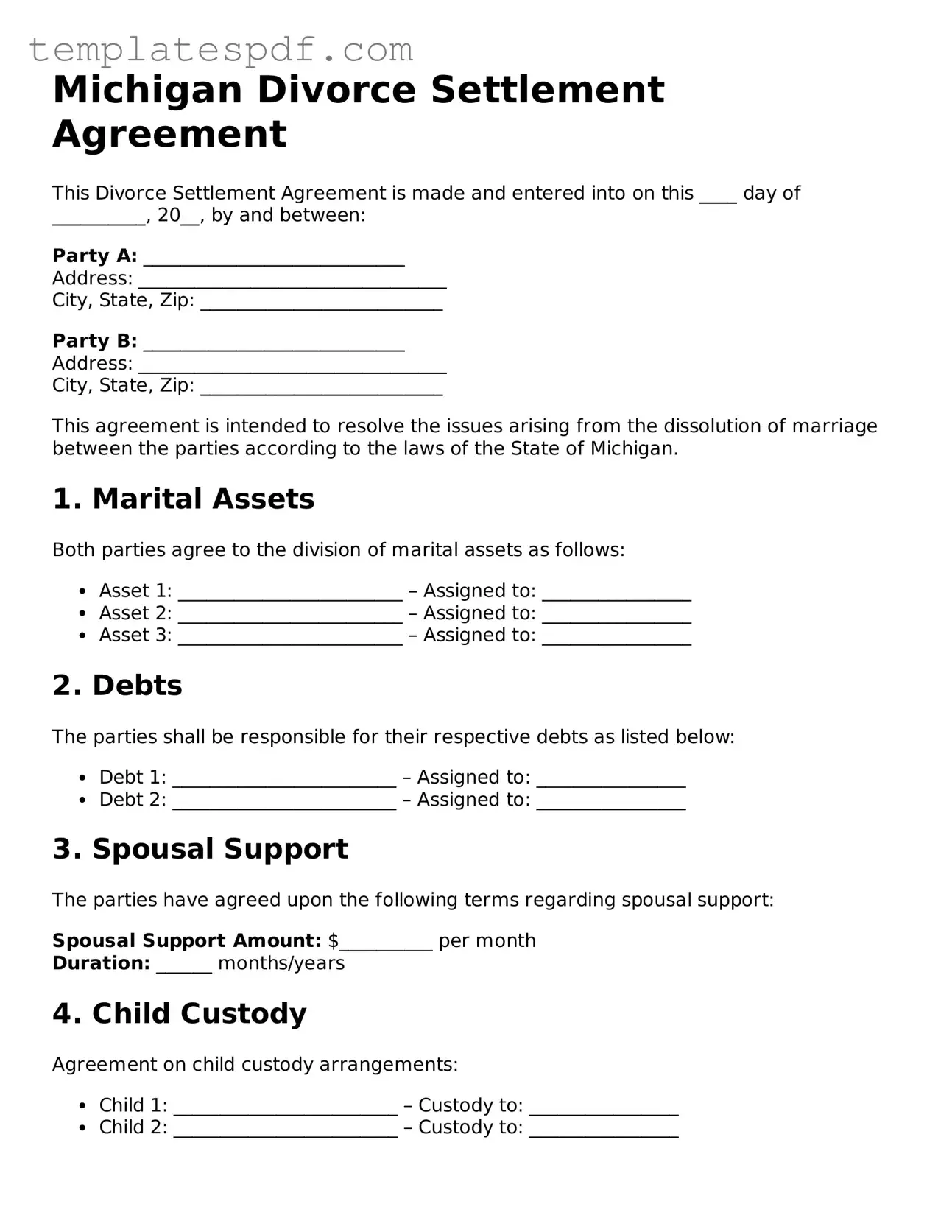 Official  Divorce Settlement Agreement Form for Michigan