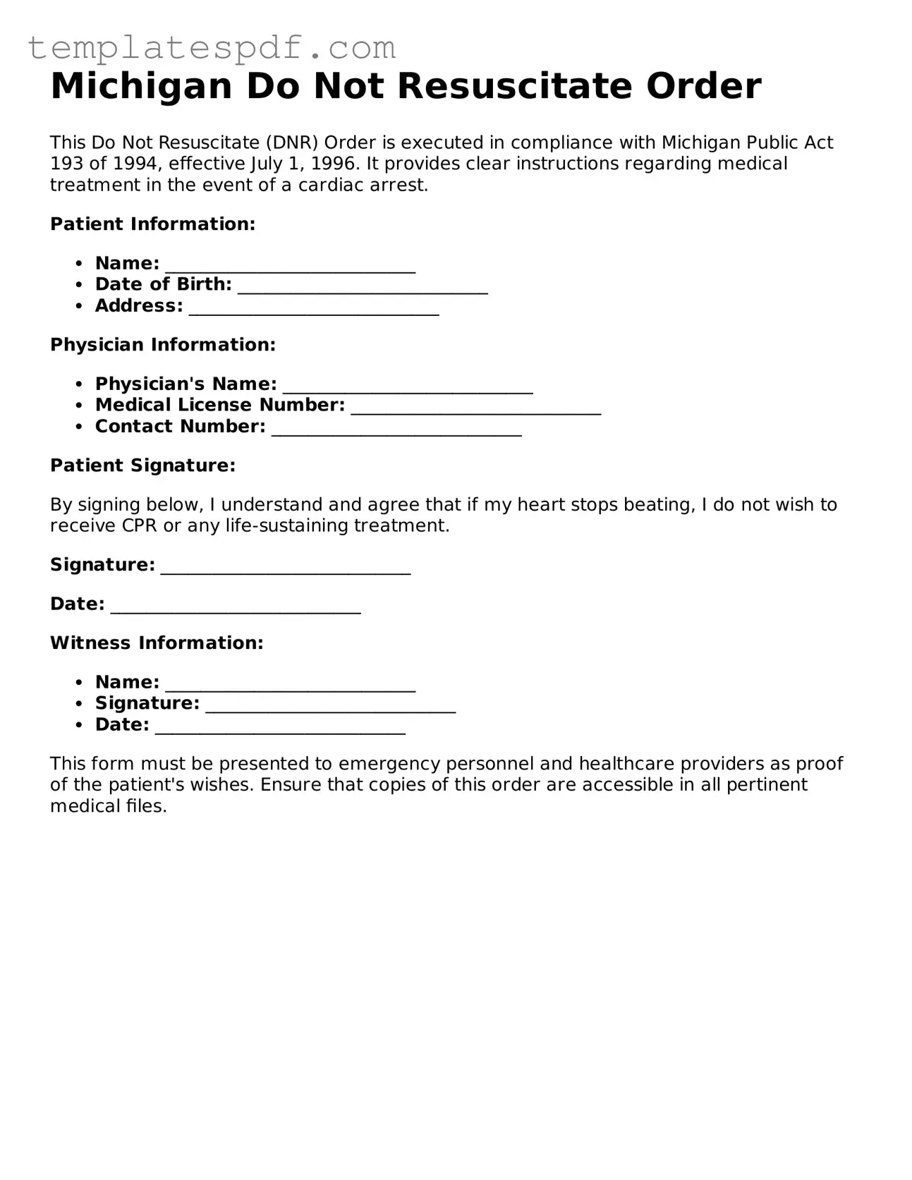 Official  Do Not Resuscitate Order Form for Michigan