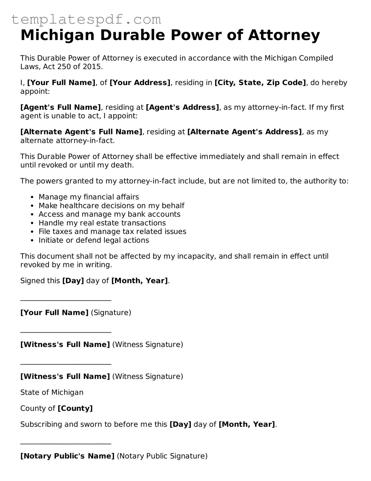 Official  Durable Power of Attorney Form for Michigan