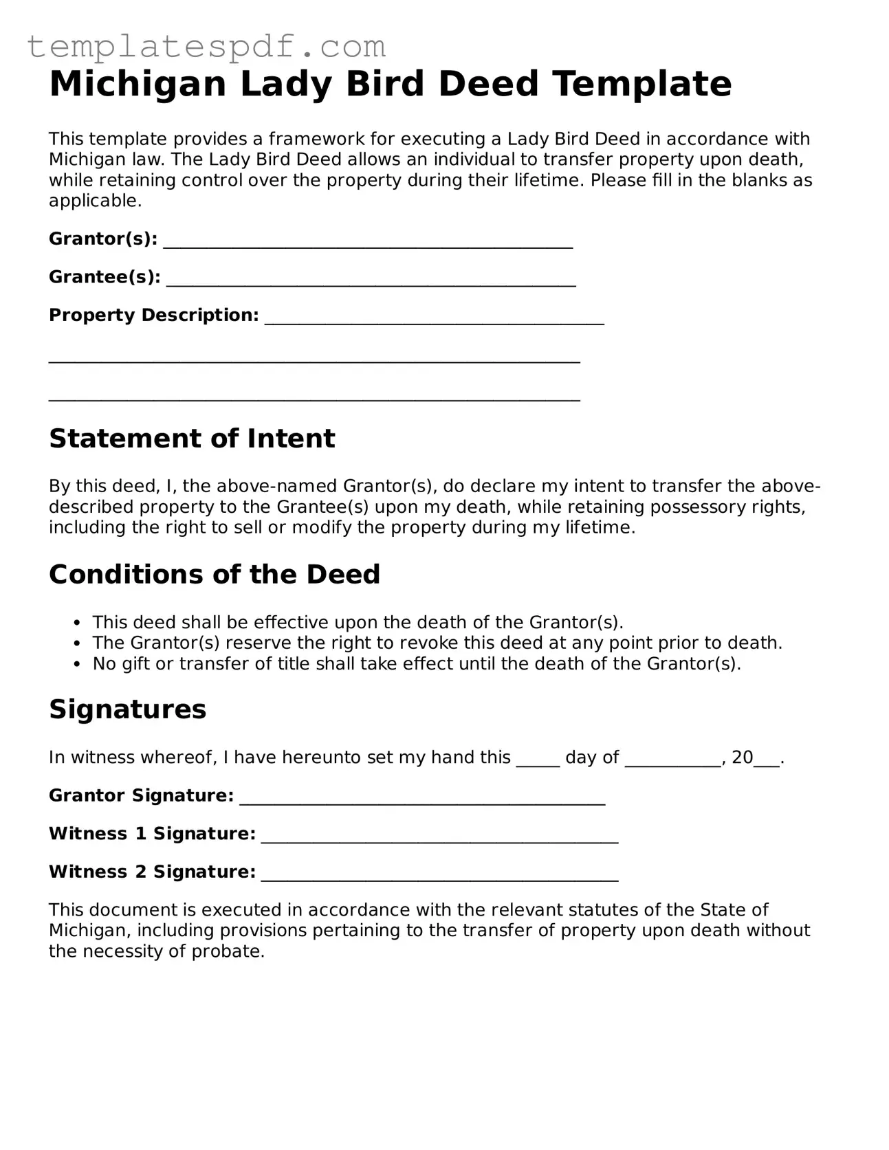 Official  Lady Bird Deed Form for Michigan
