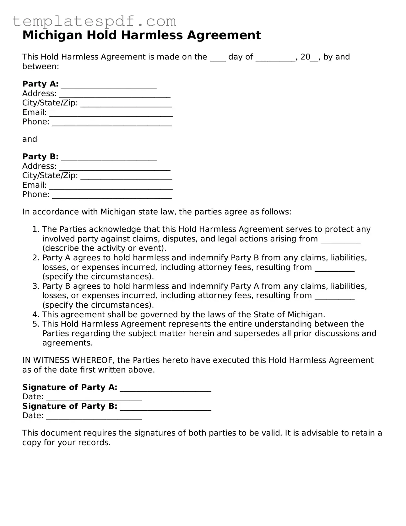 Official  Hold Harmless Agreement Form for Michigan
