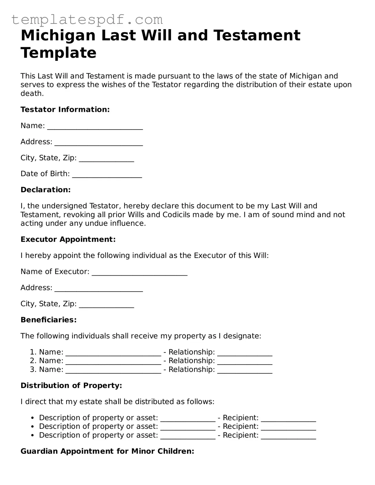 Official  Last Will and Testament Form for Michigan