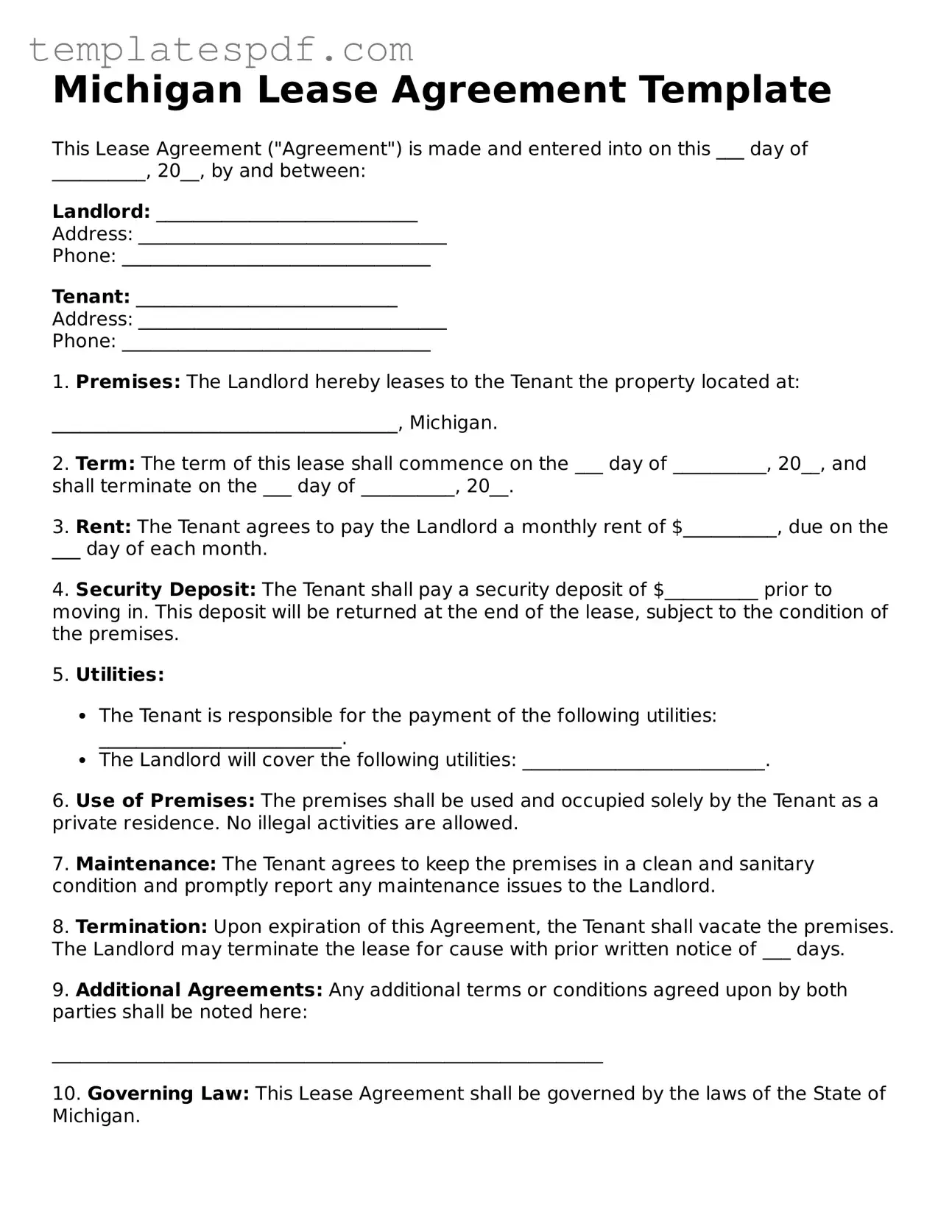 Official  Lease Agreement Form for Michigan
