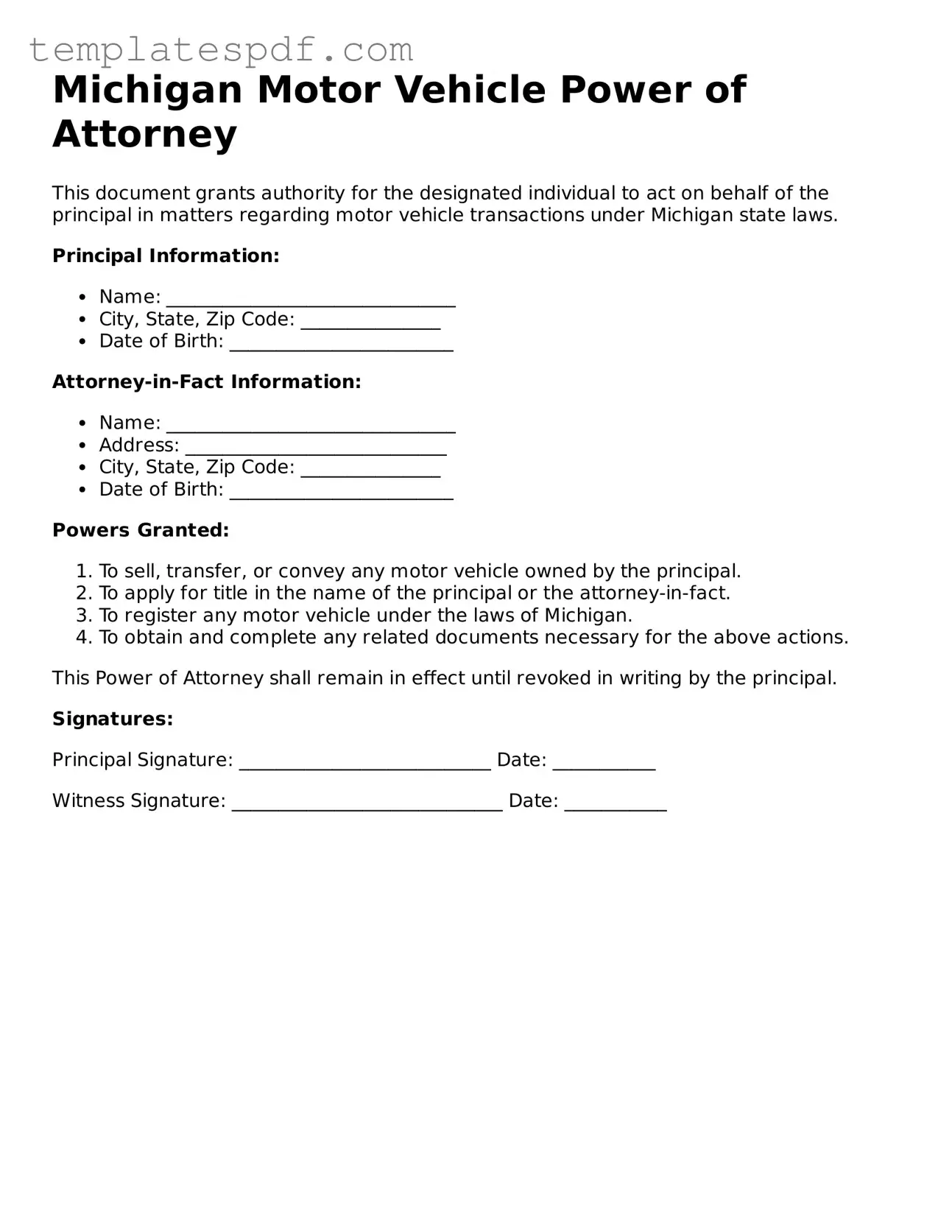 Official  Motor Vehicle Power of Attorney Form for Michigan