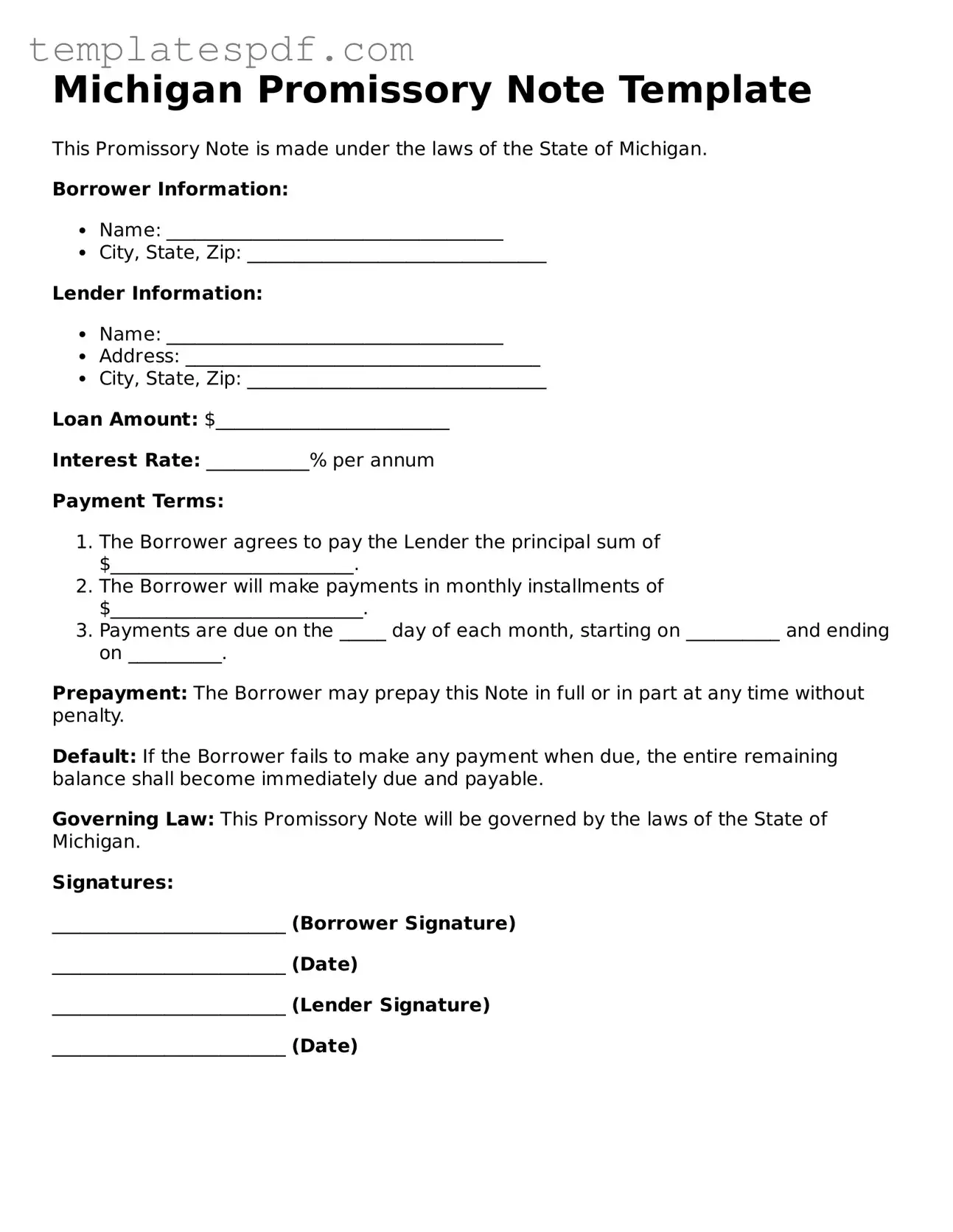 Official  Promissory Note Form for Michigan