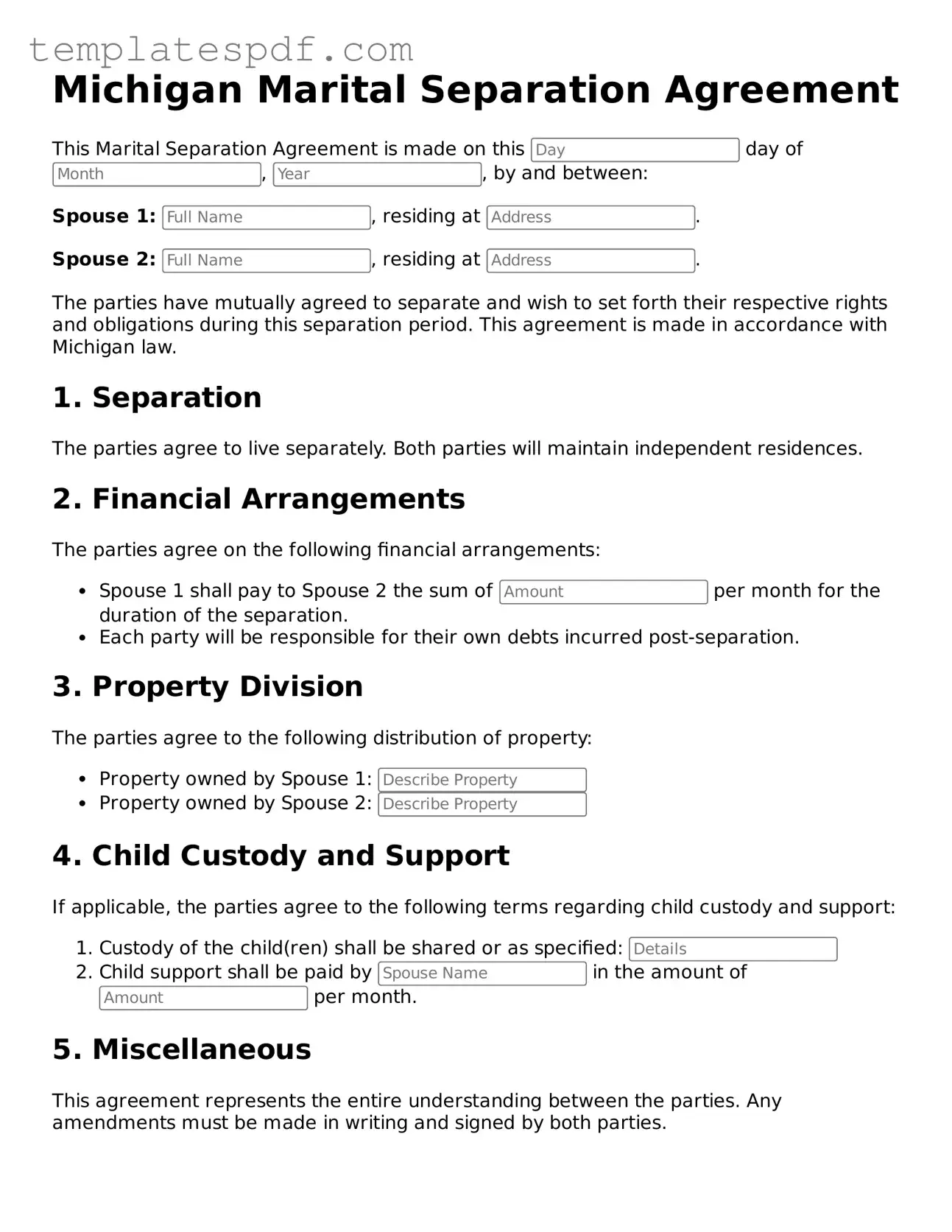 Official  Marital Separation Agreement Form for Michigan