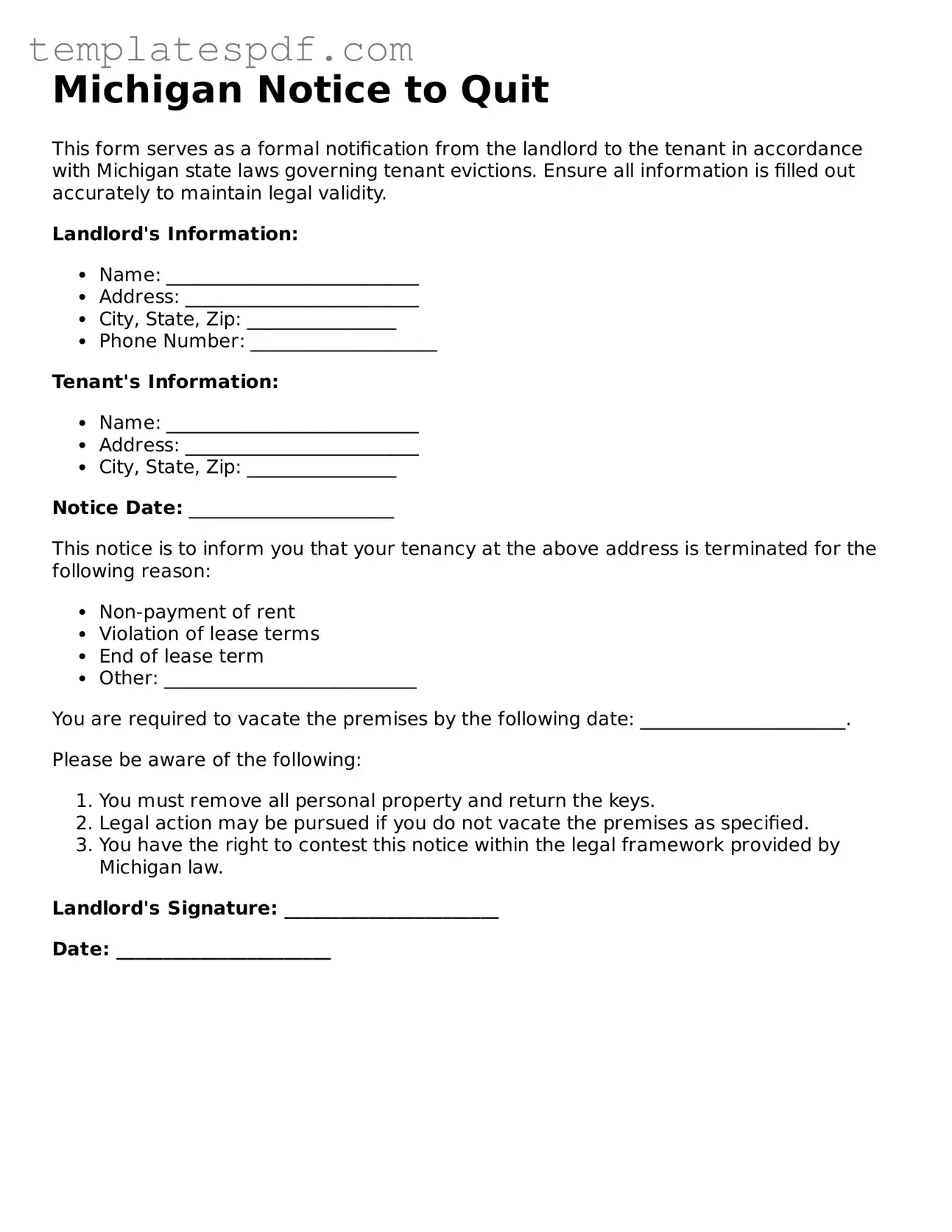 Official  Notice to Quit Form for Michigan