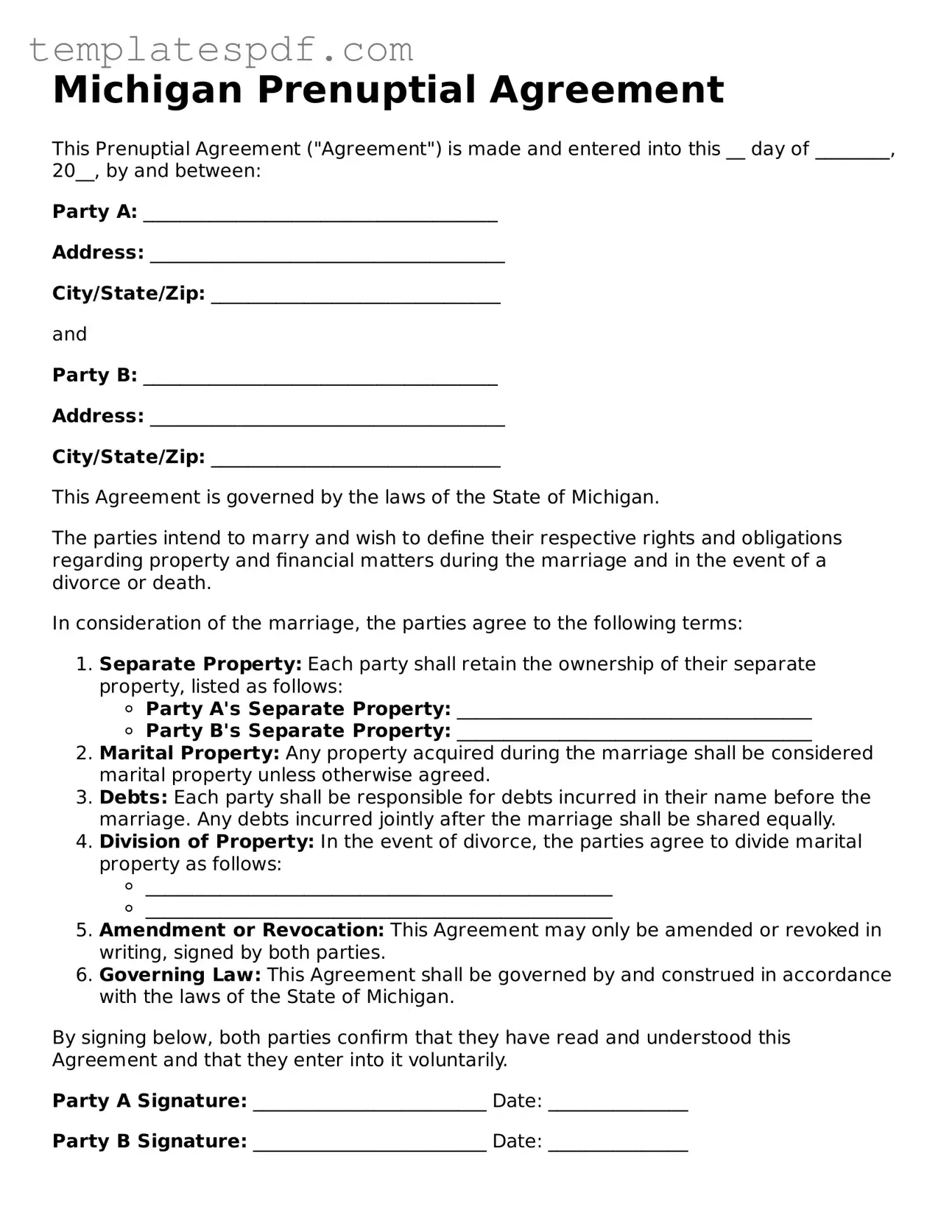 Official  Prenuptial Agreement Form for Michigan