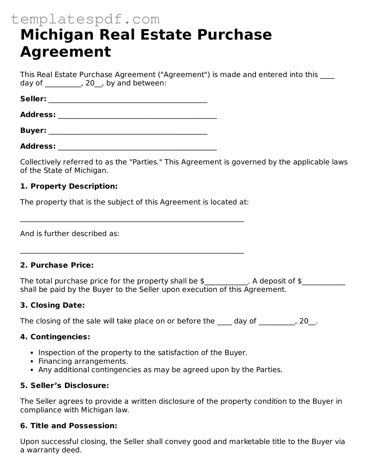 Official  Real Estate Purchase Agreement Form for Michigan