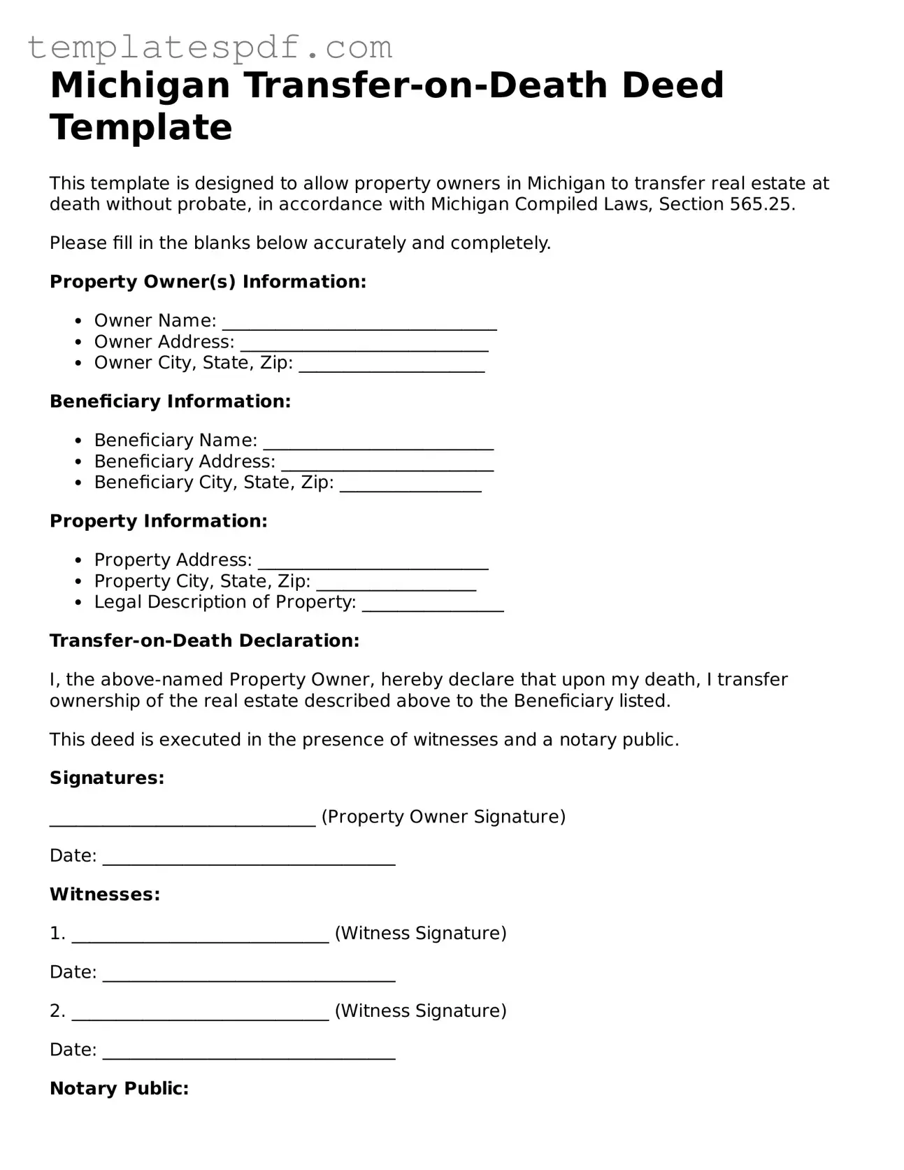 Official  Transfer-on-Death Deed Form for Michigan