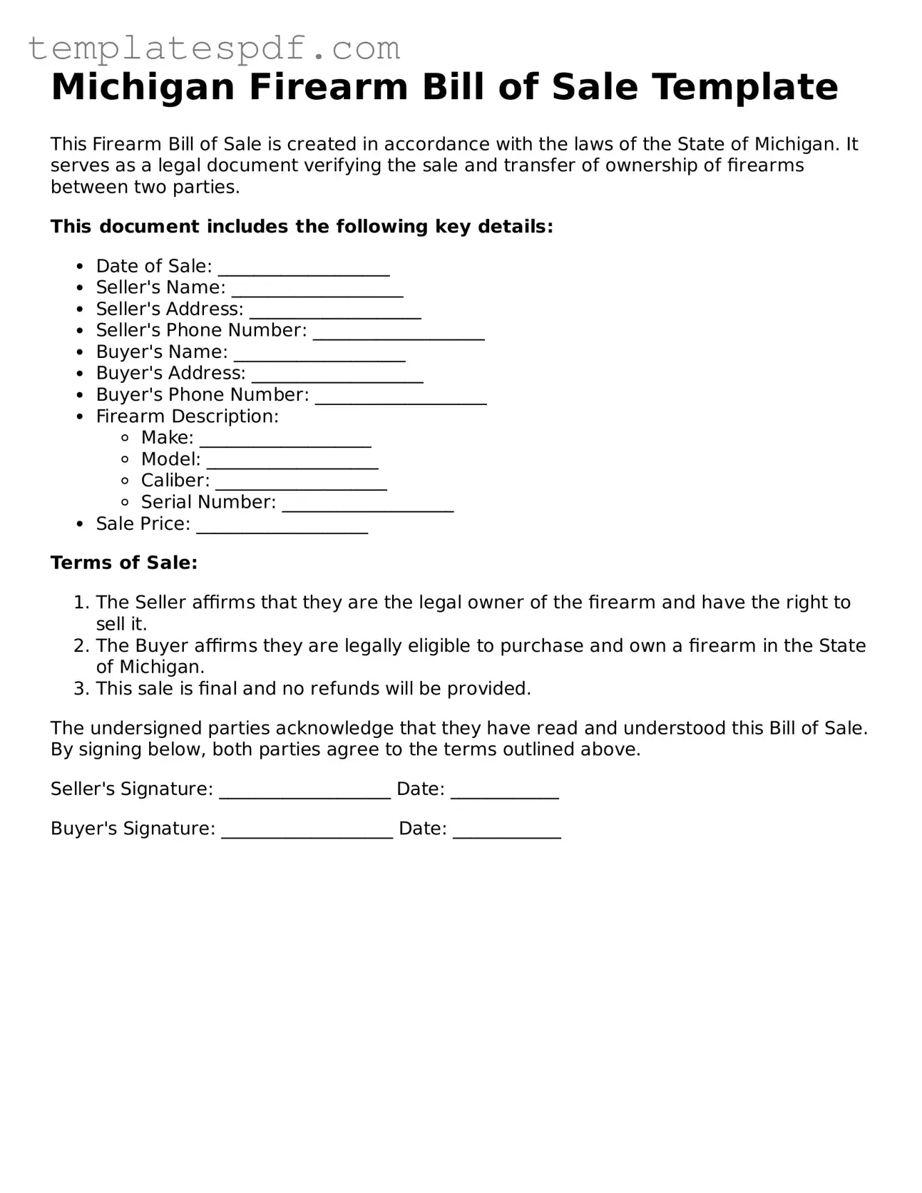 Official  Firearm Bill of Sale Form for Michigan