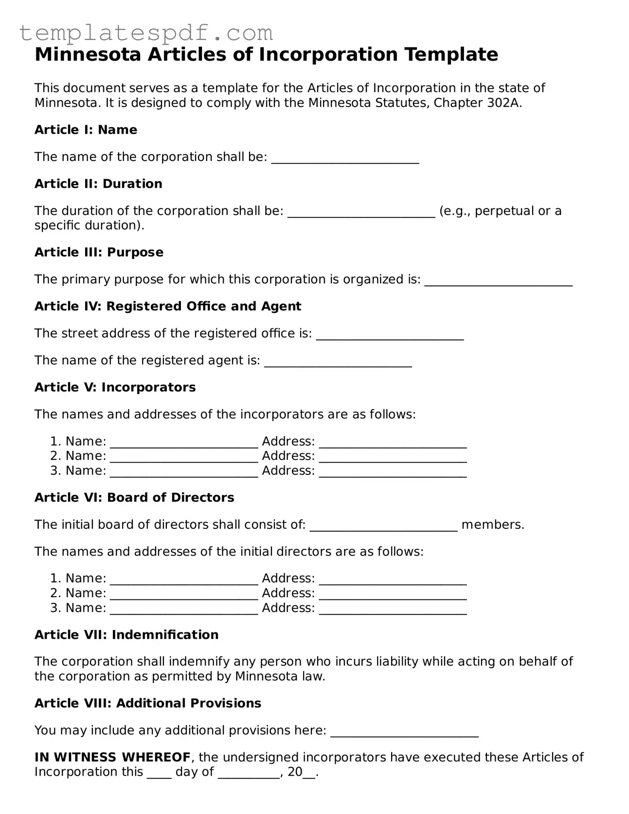 Official  Articles of Incorporation Form for Minnesota