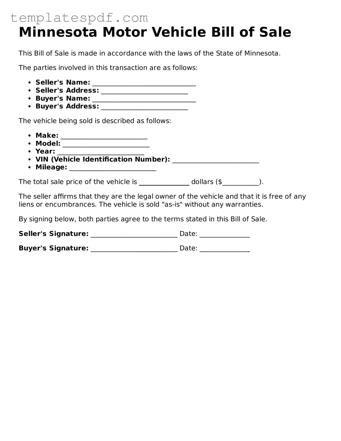 Official  Motor Vehicle Bill of Sale Form for Minnesota