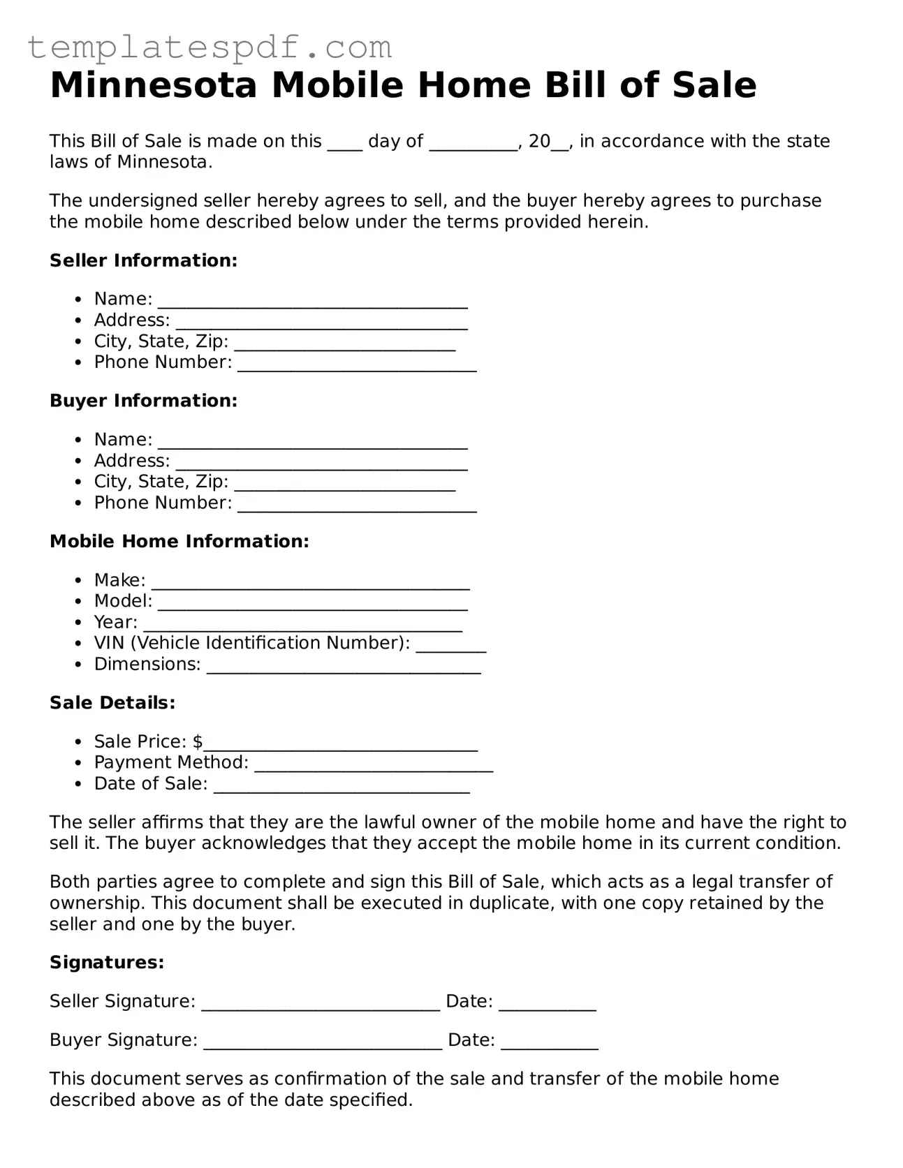Official  Mobile Home Bill of Sale Form for Minnesota