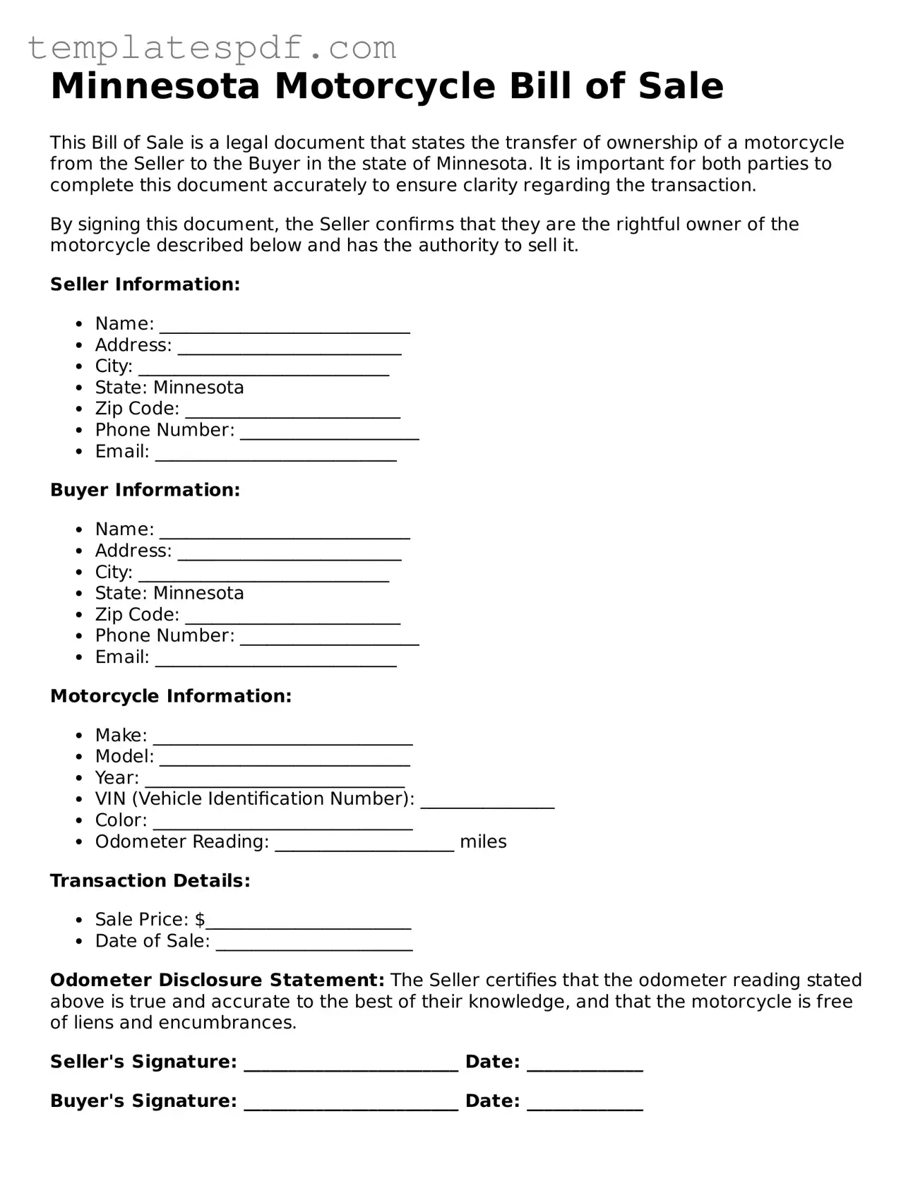 Official  Motorcycle Bill of Sale Form for Minnesota