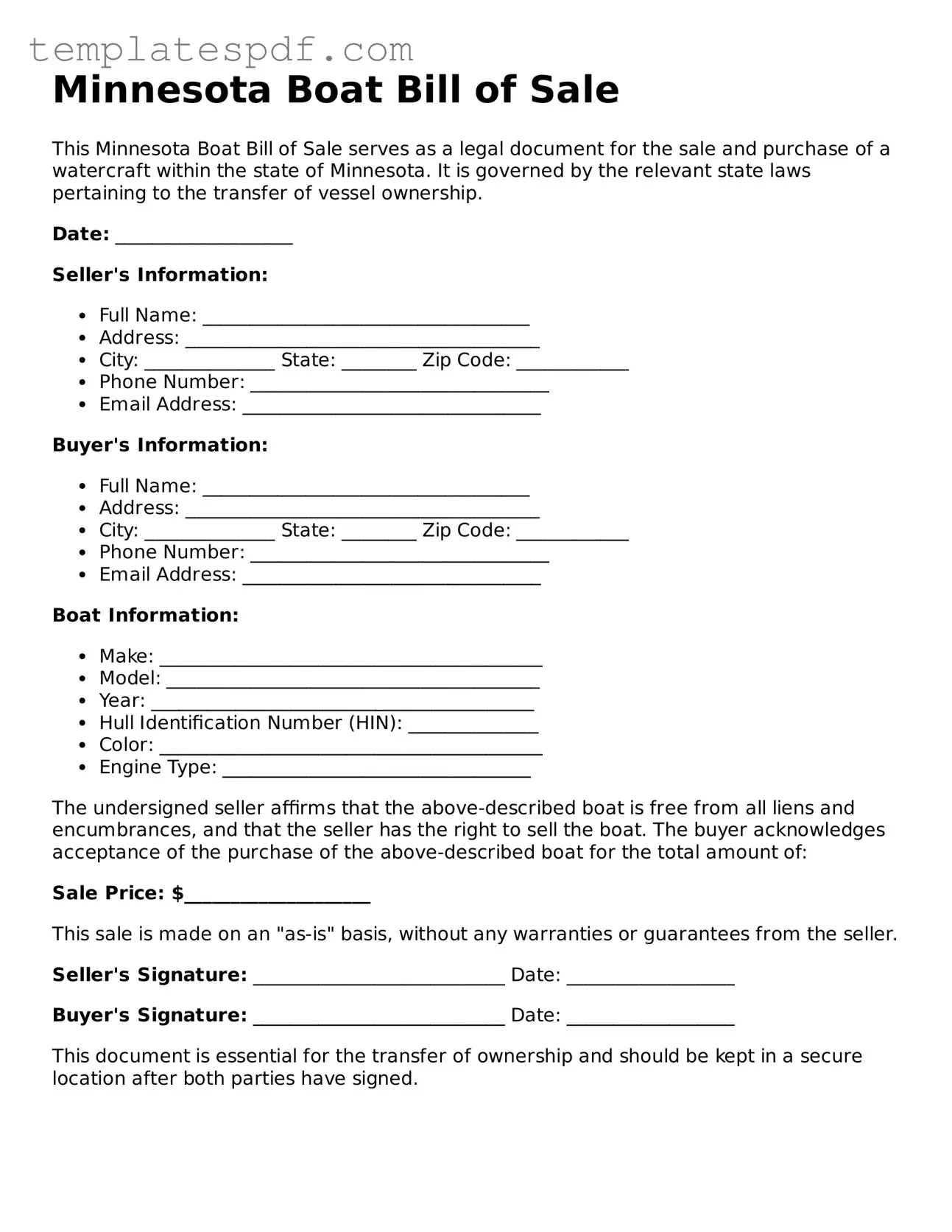 Official  Boat Bill of Sale Form for Minnesota