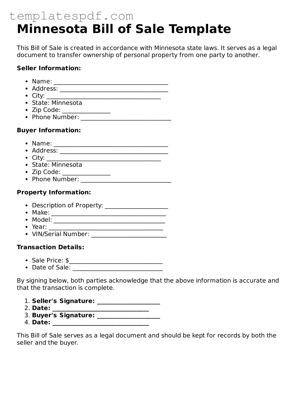 Official  Bill of Sale Form for Minnesota