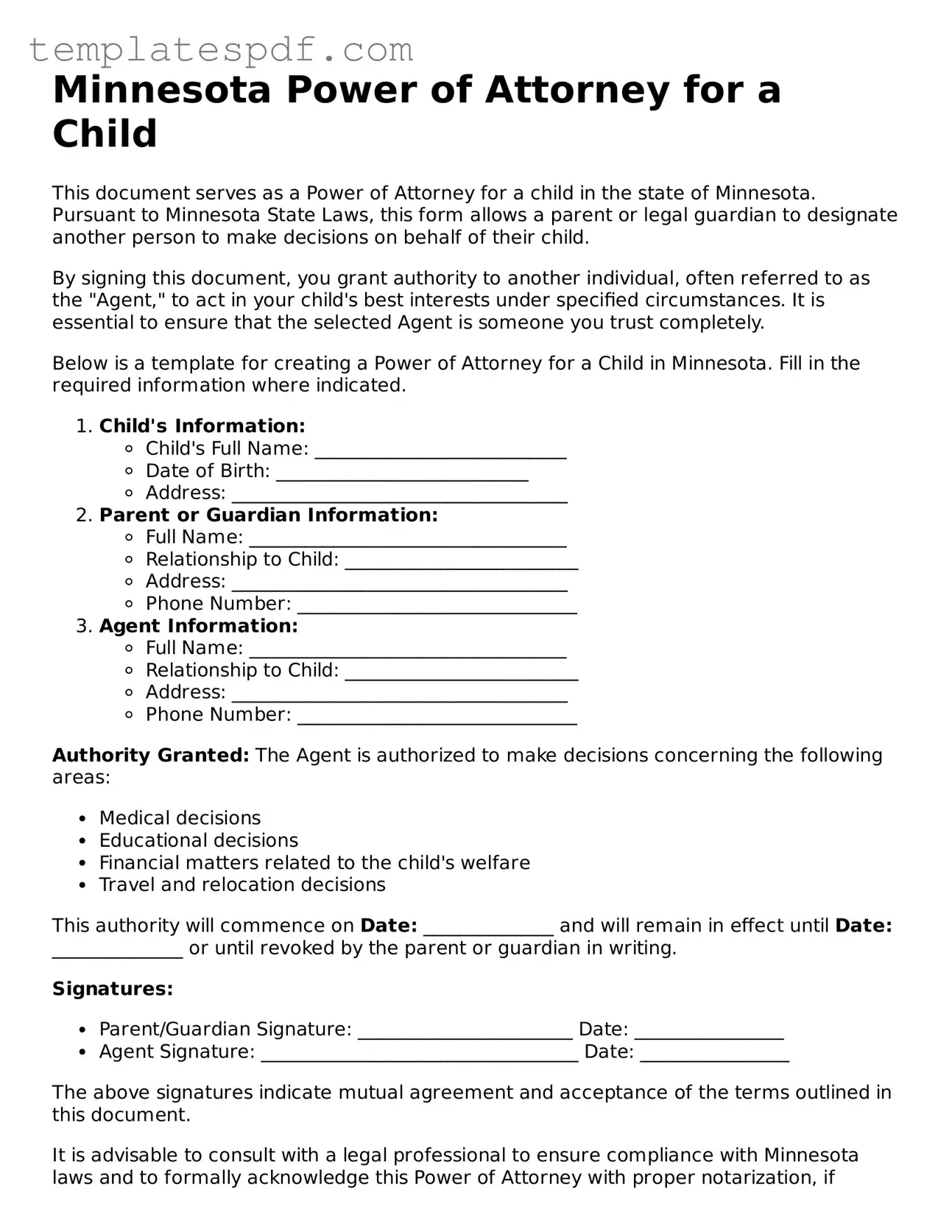 Official  Power of Attorney for a Child Form for Minnesota