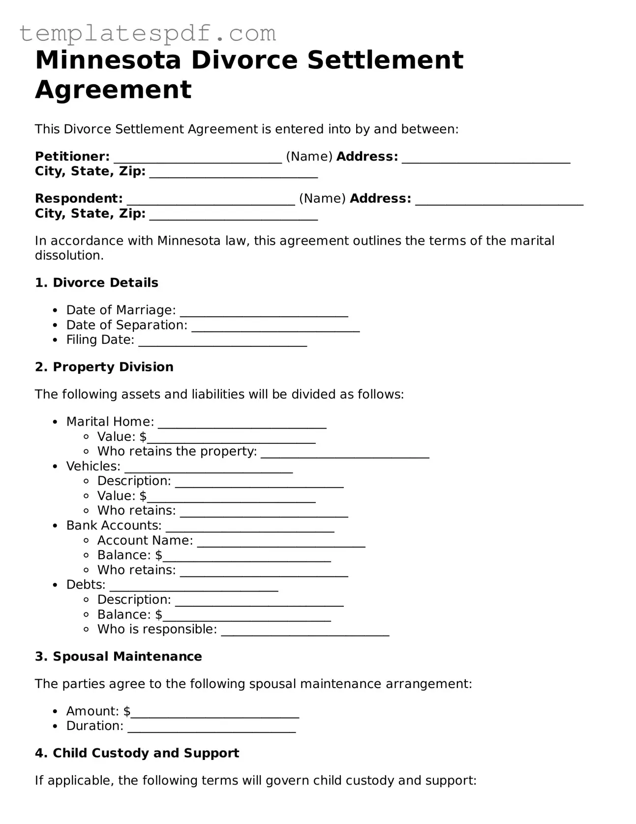 Official  Divorce Settlement Agreement Form for Minnesota
