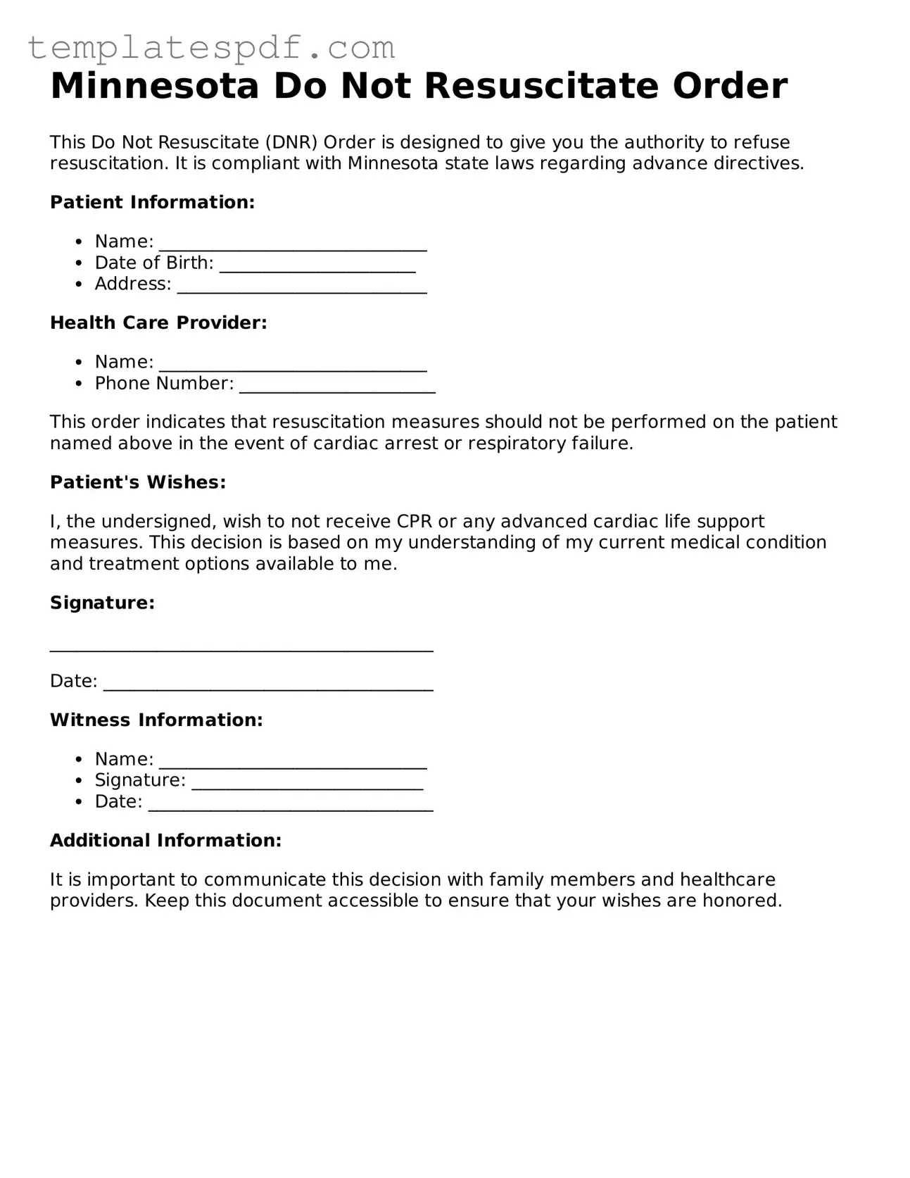 Official  Do Not Resuscitate Order Form for Minnesota