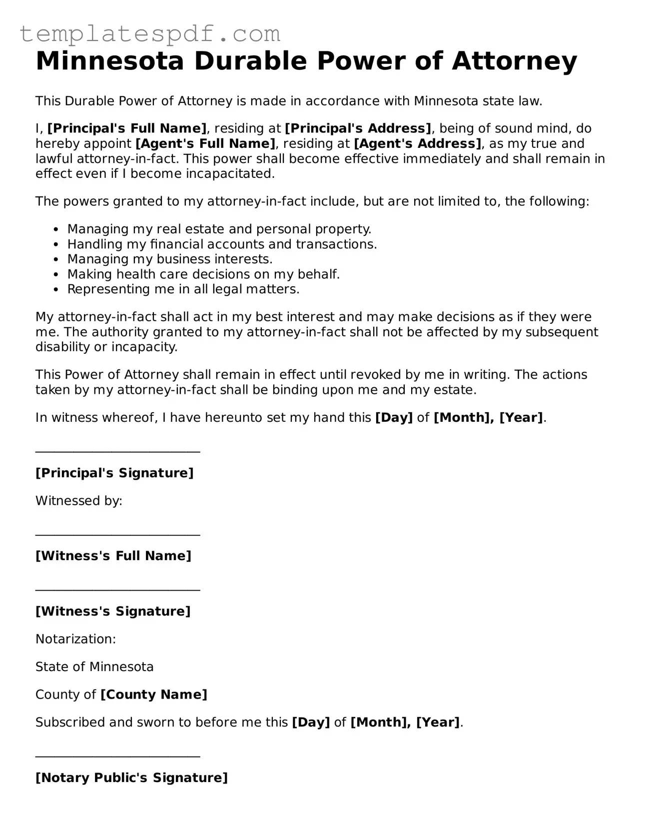 Official  Durable Power of Attorney Form for Minnesota