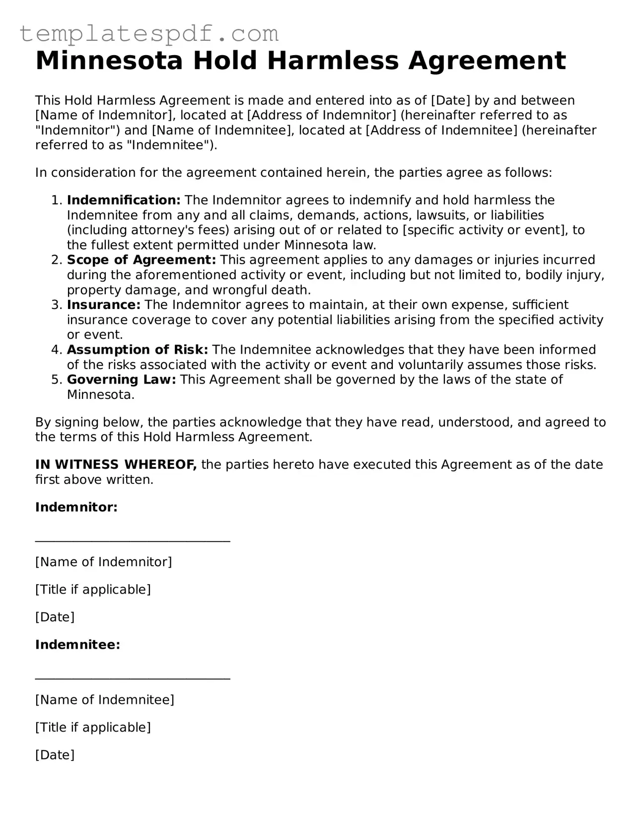 Official  Hold Harmless Agreement Form for Minnesota