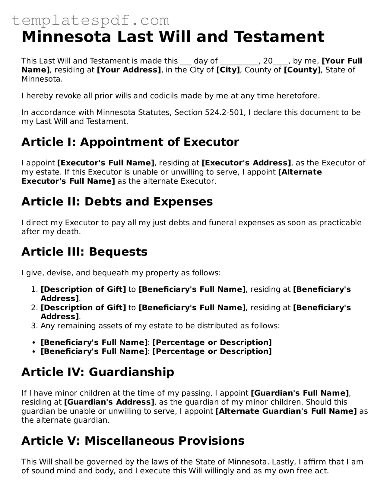 Official  Last Will and Testament Form for Minnesota