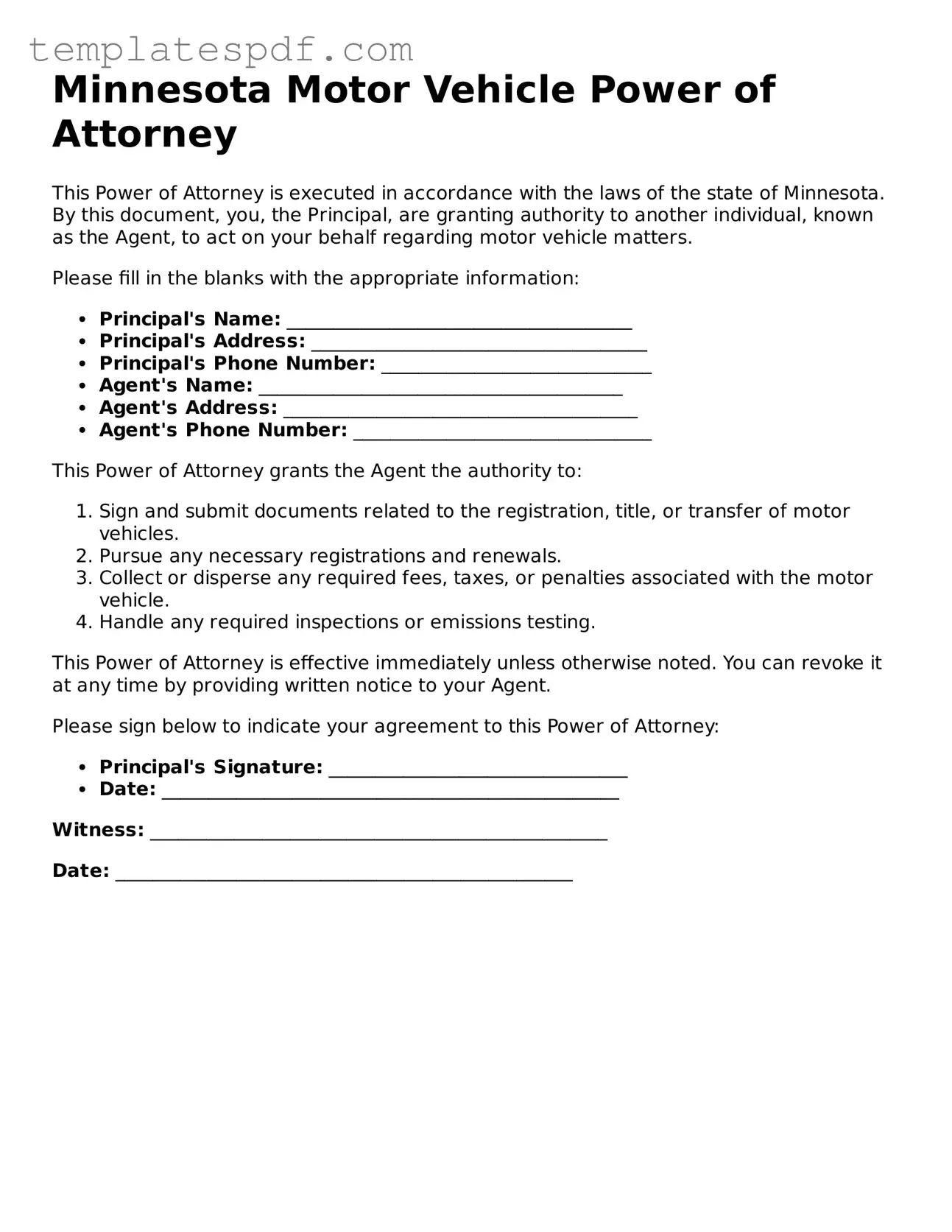 Official  Motor Vehicle Power of Attorney Form for Minnesota