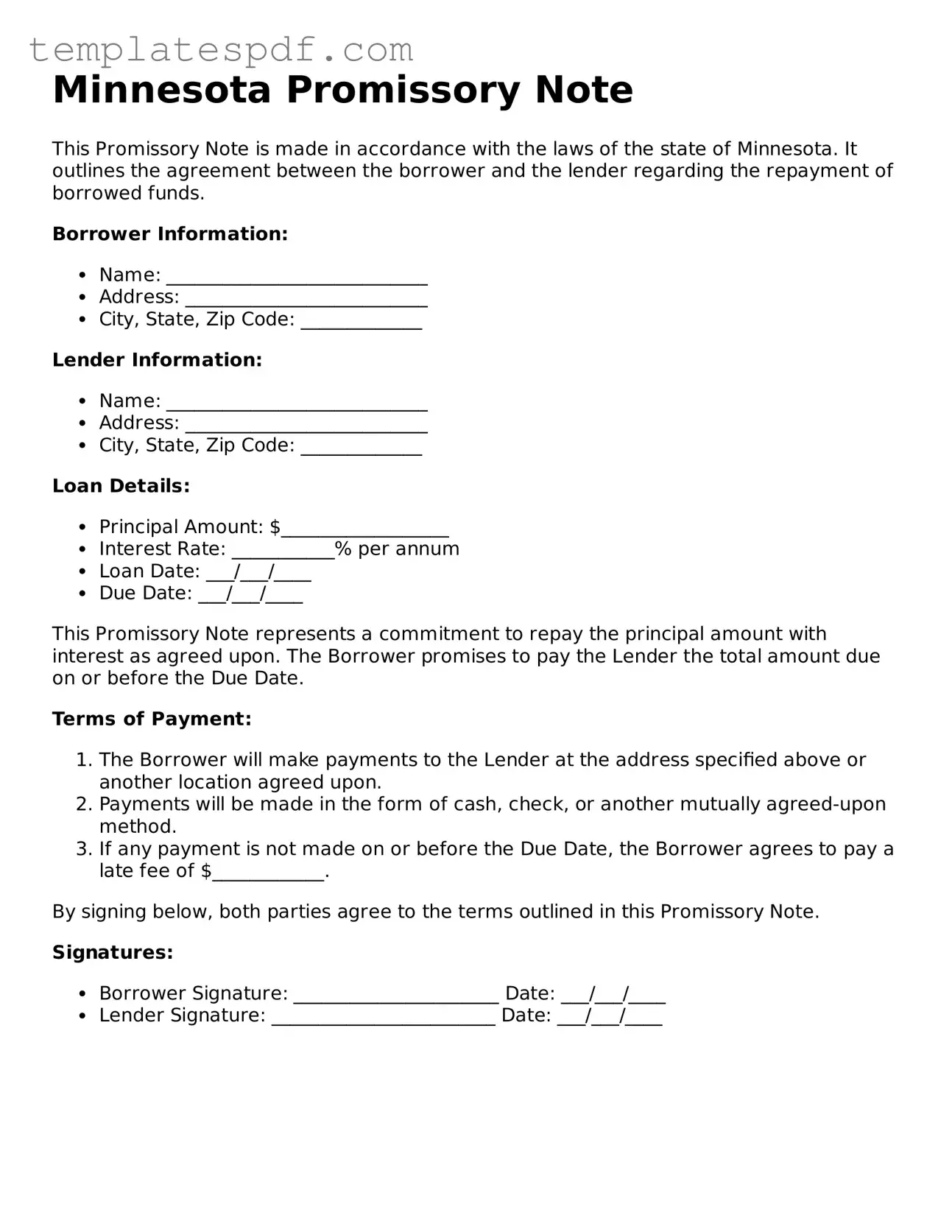 Official  Promissory Note Form for Minnesota